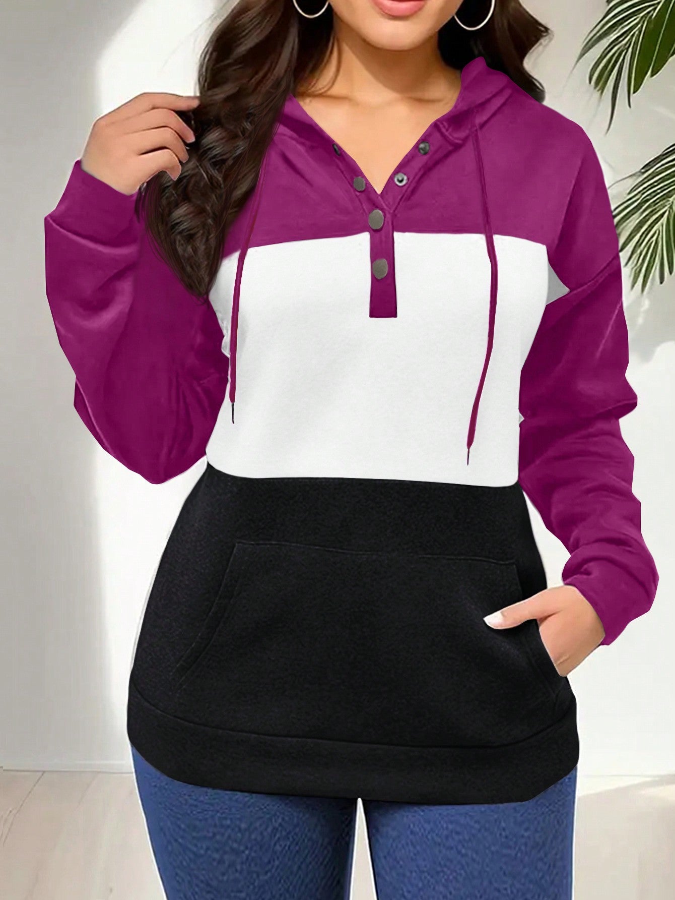 INAWLY Women's Colorblock Drawstring Hoodie,Long Sleeve Tops