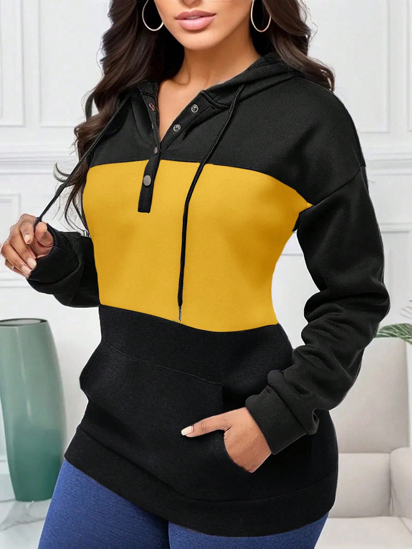 INAWLY Women's Colorblock Drawstring Hoodie,Long Sleeve Tops