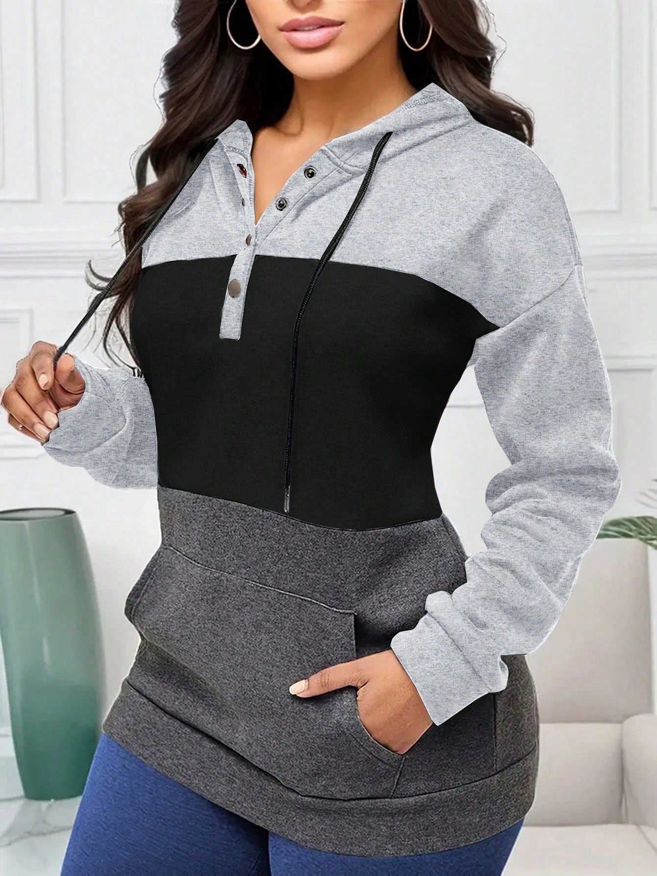 INAWLY Women's Colorblock Drawstring Hoodie,Long Sleeve Tops