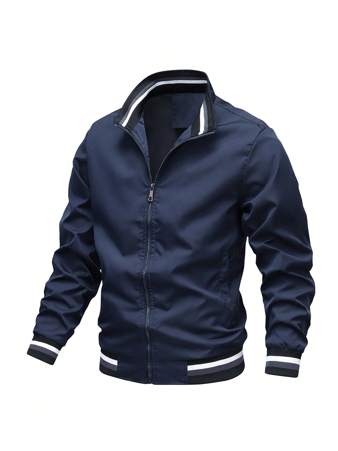 2023 Autumn New Striped Stand Collar Jacket For Boyfriend Style Men, Fashionable Casual Lightweight Cardigan Style Sports Jacket For Boyfriend Style Men