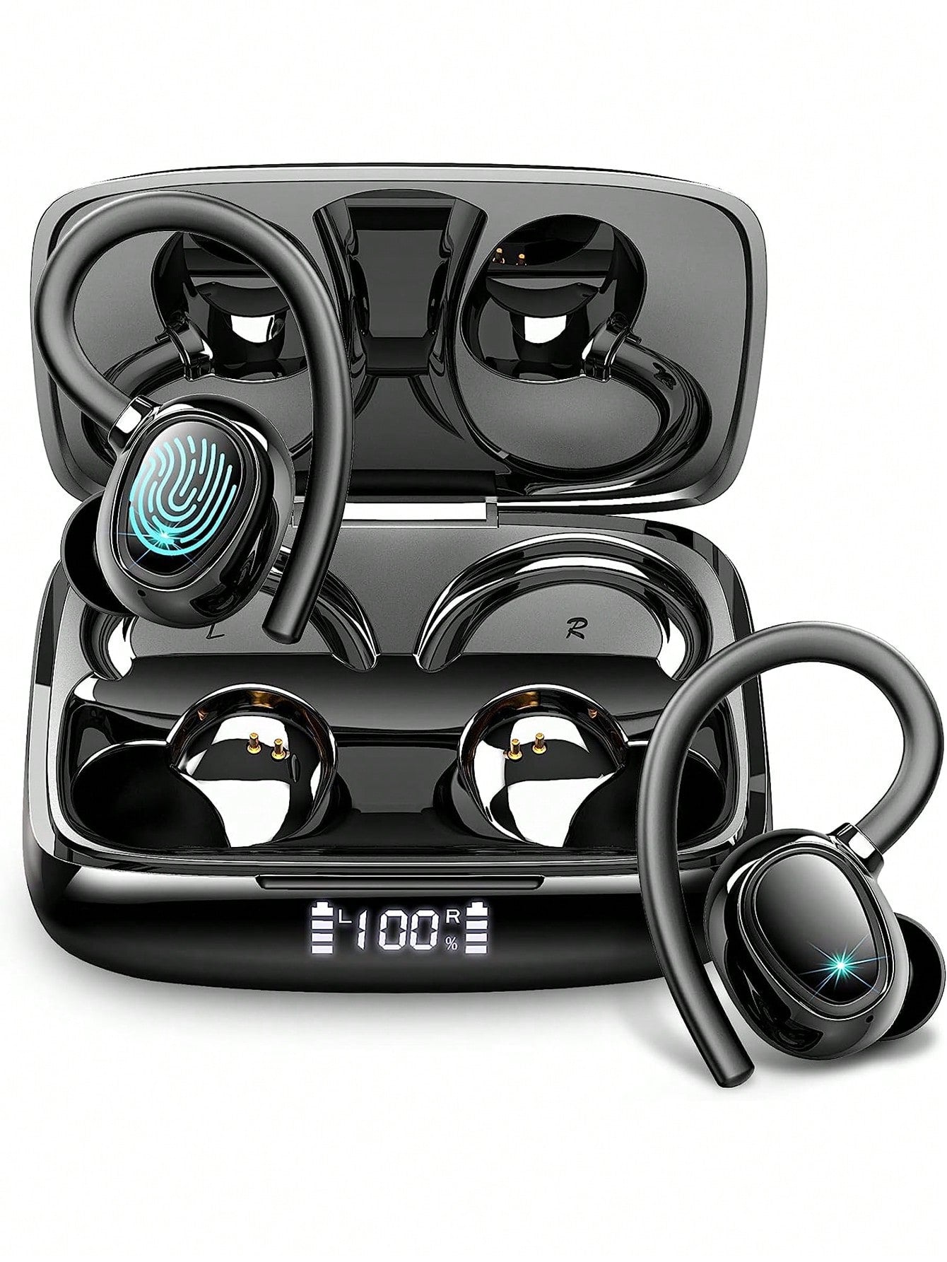 Wireless Earbuds, 48Hrs Bluetooth 5.3 Headphones Sport Wireless Bluetooth Earphones In Ear Noise Cancelling Earbuds With Mic, Stereo Deep Bass, Earhooks Ear Buds With Dual LED Display IPX7 Waterproof Headset For Workout/Running/Gym, Black