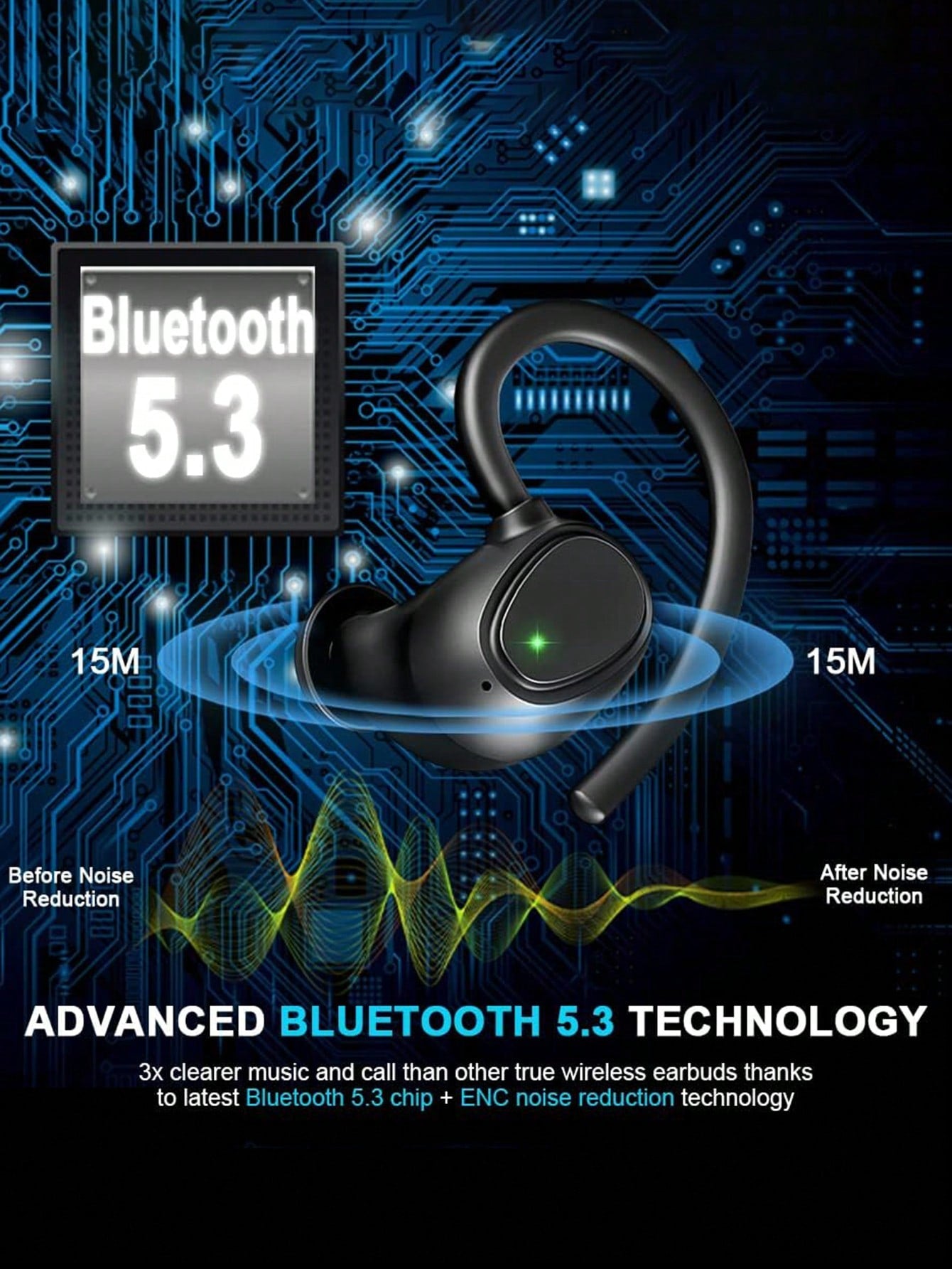 Wireless Earbuds, 48Hrs Bluetooth 5.3 Headphones Sport Wireless Bluetooth Earphones In Ear Noise Cancelling Earbuds With Mic, Stereo Deep Bass, Earhooks Ear Buds With Dual LED Display IPX7 Waterproof Headset For Workout/Running/Gym, Black