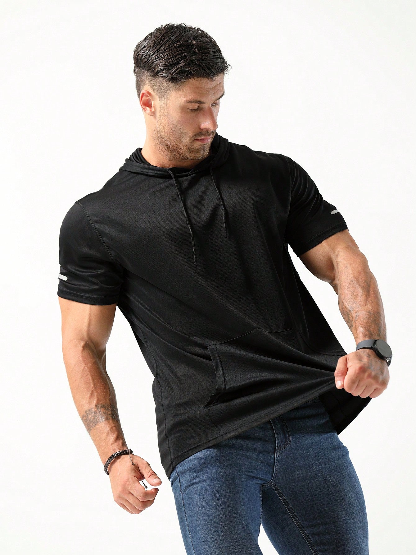 Boyfriend Style Men's Hooded Workout T-Shirts Dry Fit Moisture Wicking Short Sleeve Mesh Athletic T-Shirts Basic T Shirt