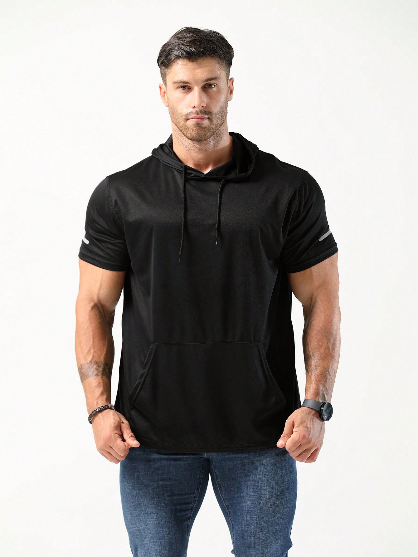 Boyfriend Style Men's Hooded Workout T-Shirts Dry Fit Moisture Wicking Short Sleeve Mesh Athletic T-Shirts Basic T Shirt