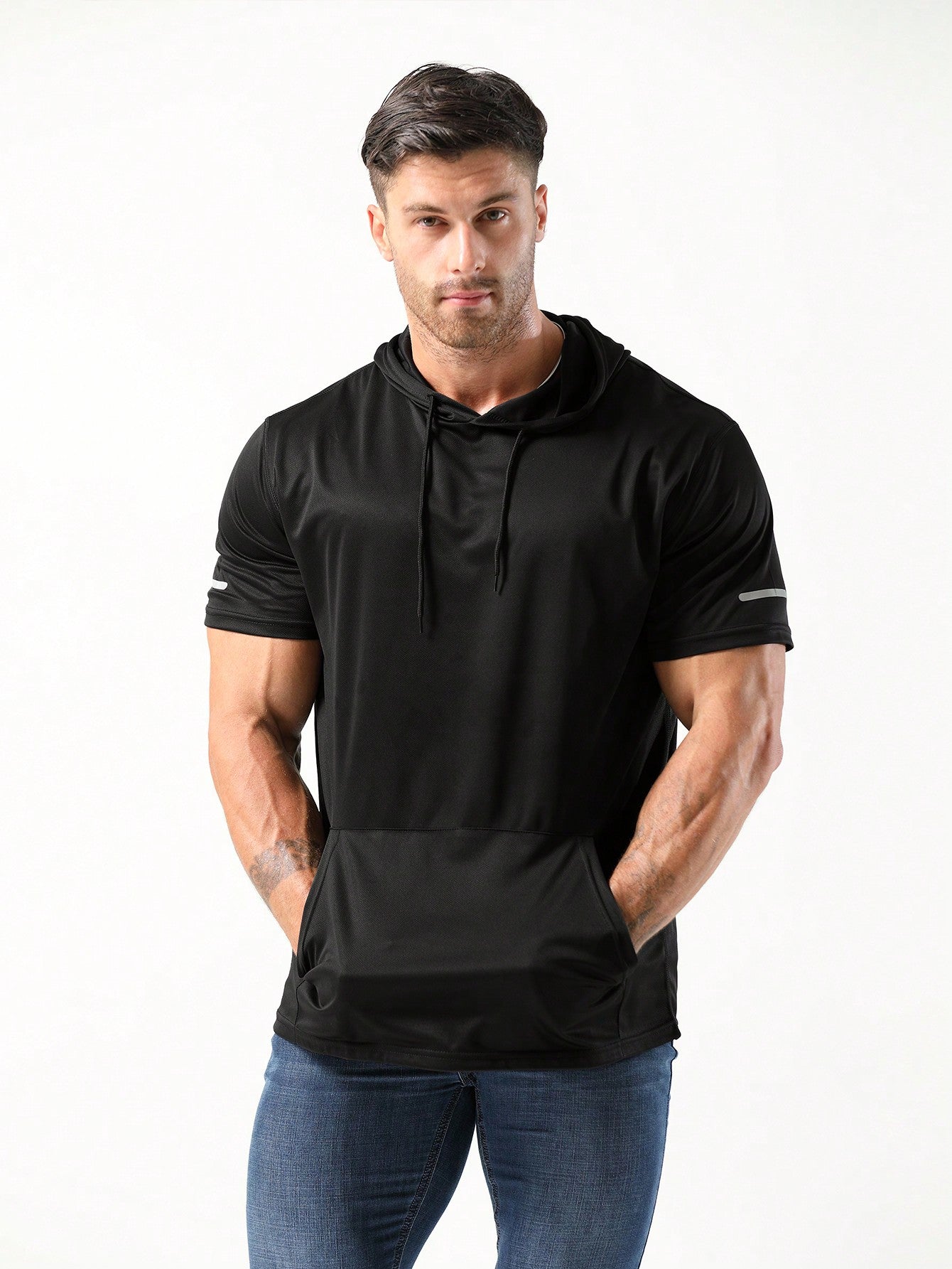 Boyfriend Style Men's Hooded Workout T-Shirts Dry Fit Moisture Wicking Short Sleeve Mesh Athletic T-Shirts Basic T Shirt