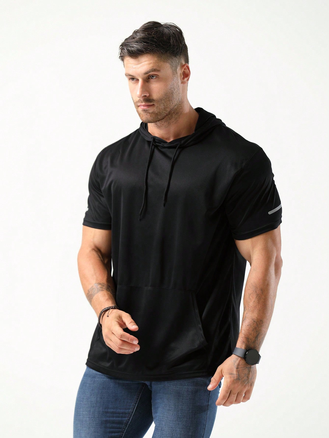 Boyfriend Style Men's Hooded Workout T-Shirts Dry Fit Moisture Wicking Short Sleeve Mesh Athletic T-Shirts Basic T Shirt