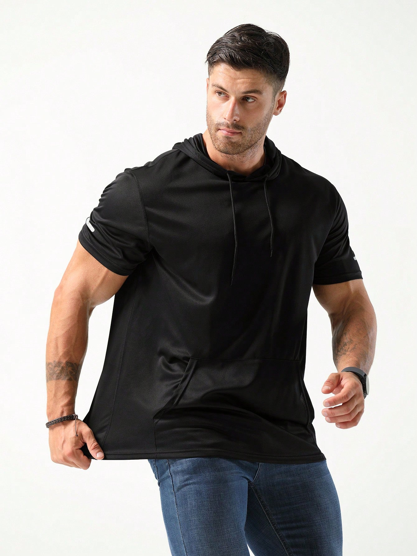 Boyfriend Style Men's Hooded Workout T-Shirts Dry Fit Moisture Wicking Short Sleeve Mesh Athletic T-Shirts Basic T Shirt