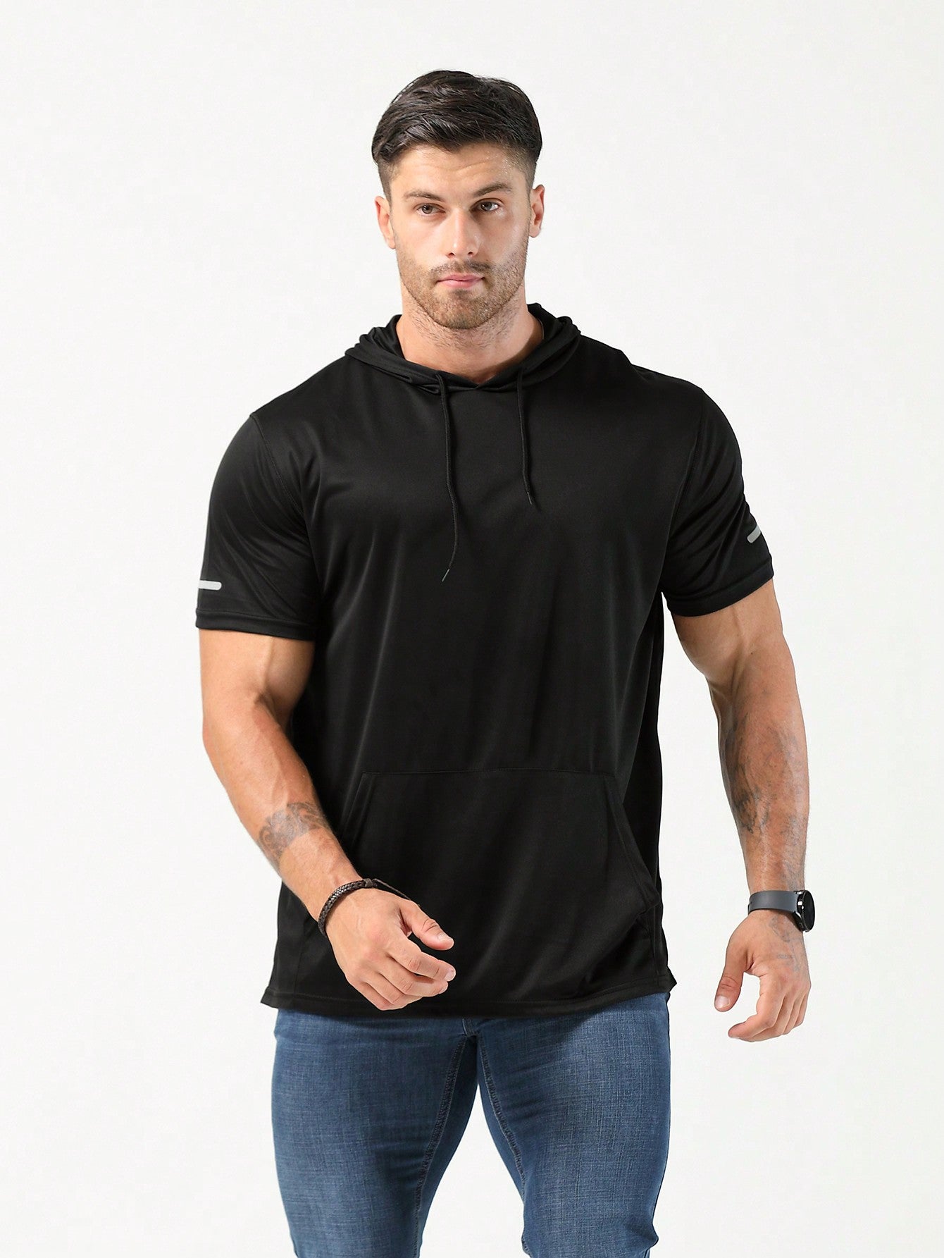 Boyfriend Style Men's Hooded Workout T-Shirts Dry Fit Moisture Wicking Short Sleeve Mesh Athletic T-Shirts Basic T Shirt