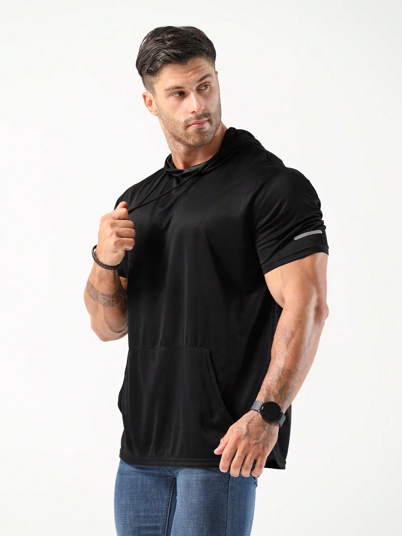 Boyfriend Style Men's Hooded Workout T-Shirts Dry Fit Moisture Wicking Short Sleeve Mesh Athletic T-Shirts Basic T Shirt