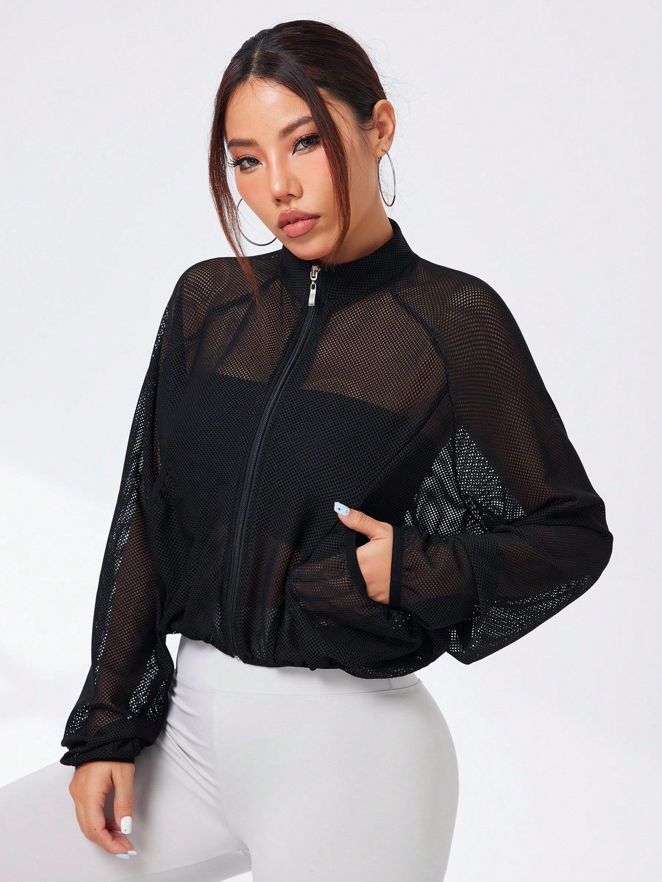 Sport Studio Women's Athletic High Neck Jacket Mesh See-Through Sexy Top With Pockets, Long Sleeve Athletic Jacket For Running, Fitness, Outdoor Activities