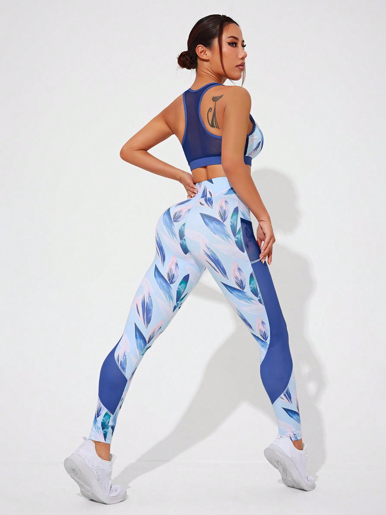 SHEIN Sport Studio Women's Printed Racerback Bra, High Waisted Leggings And Twisted Back Tank Top Athletic Set