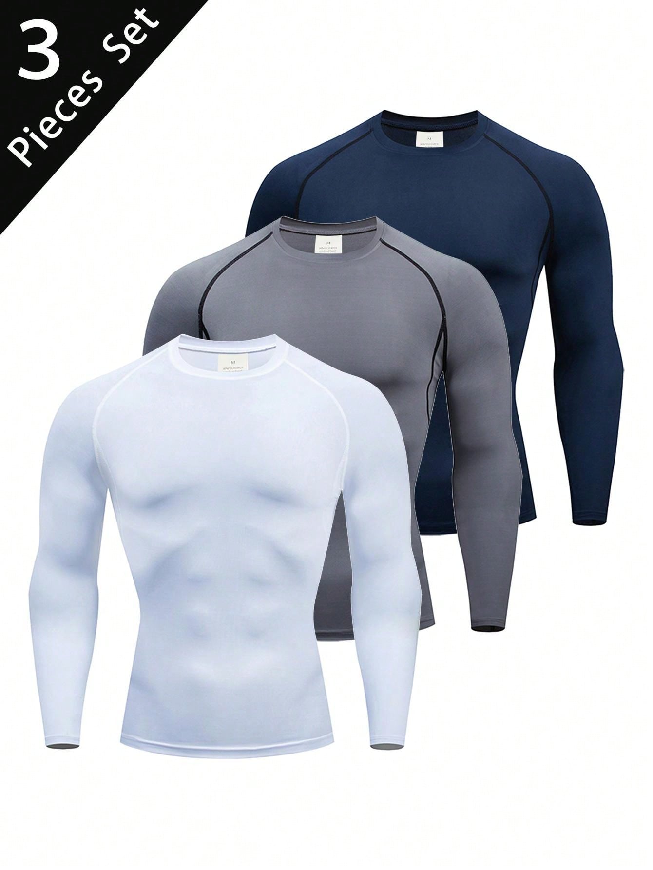 3pcs/Set Boyfriend Style Men's Spring/Autumn Fitness Compression Quick-Drying Breathable Long Sleeve Round Neck Sports T-Shirt Gym Clothes Boyfriend Style Men Basic T-Shirt