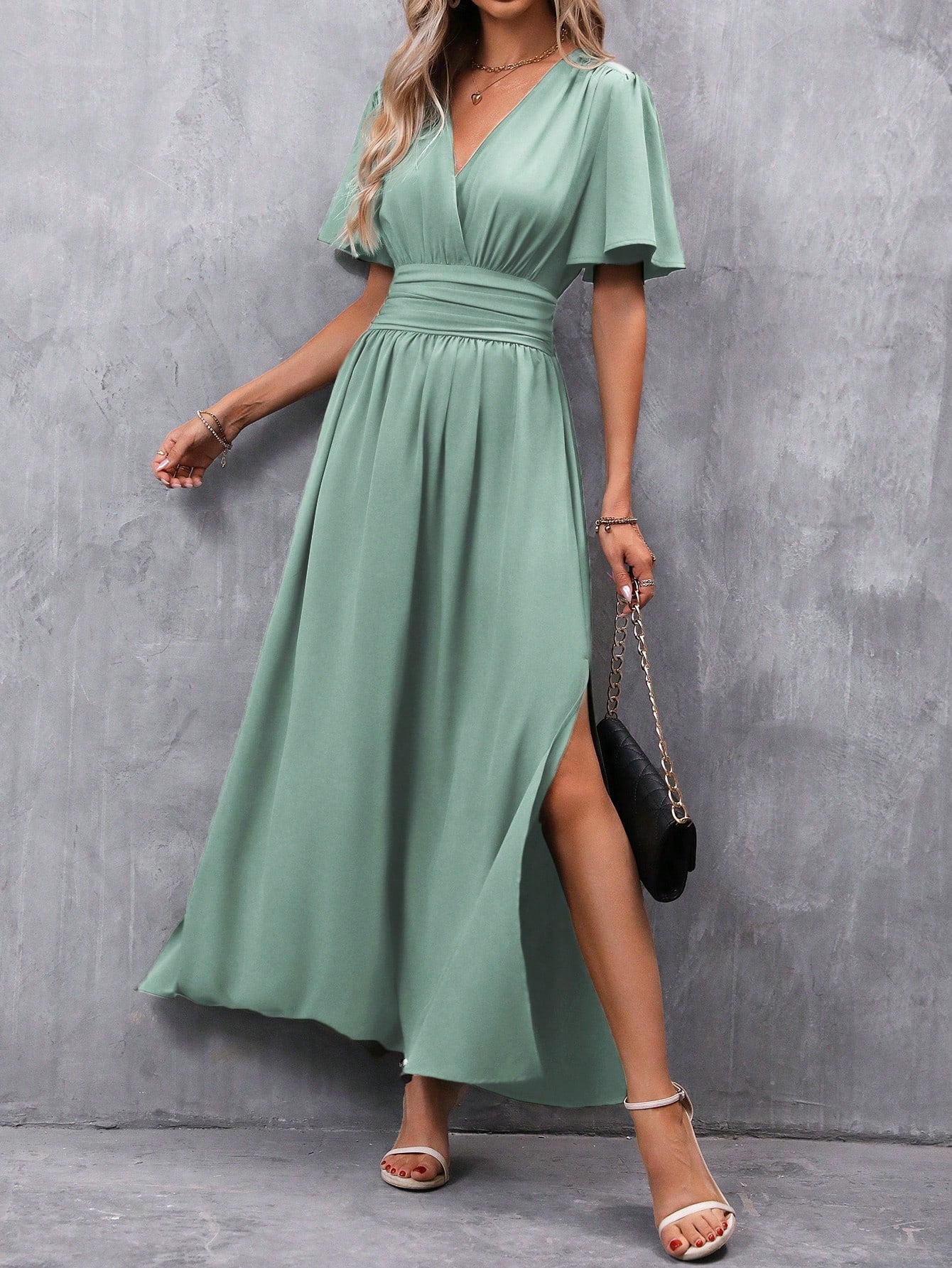 Clasi Butterfly Sleeve Ruched Waist Split Thigh Dress,Ladies Casual Ruched,Shirred,Split Thigh,Wrap Short Sleeve V Neck Regular Fit Long Dark Green Flounce Sleeve Plain A Line Women Long Dresses,Spring/Summer,Casual Daily Wear Maxi Women Outfit