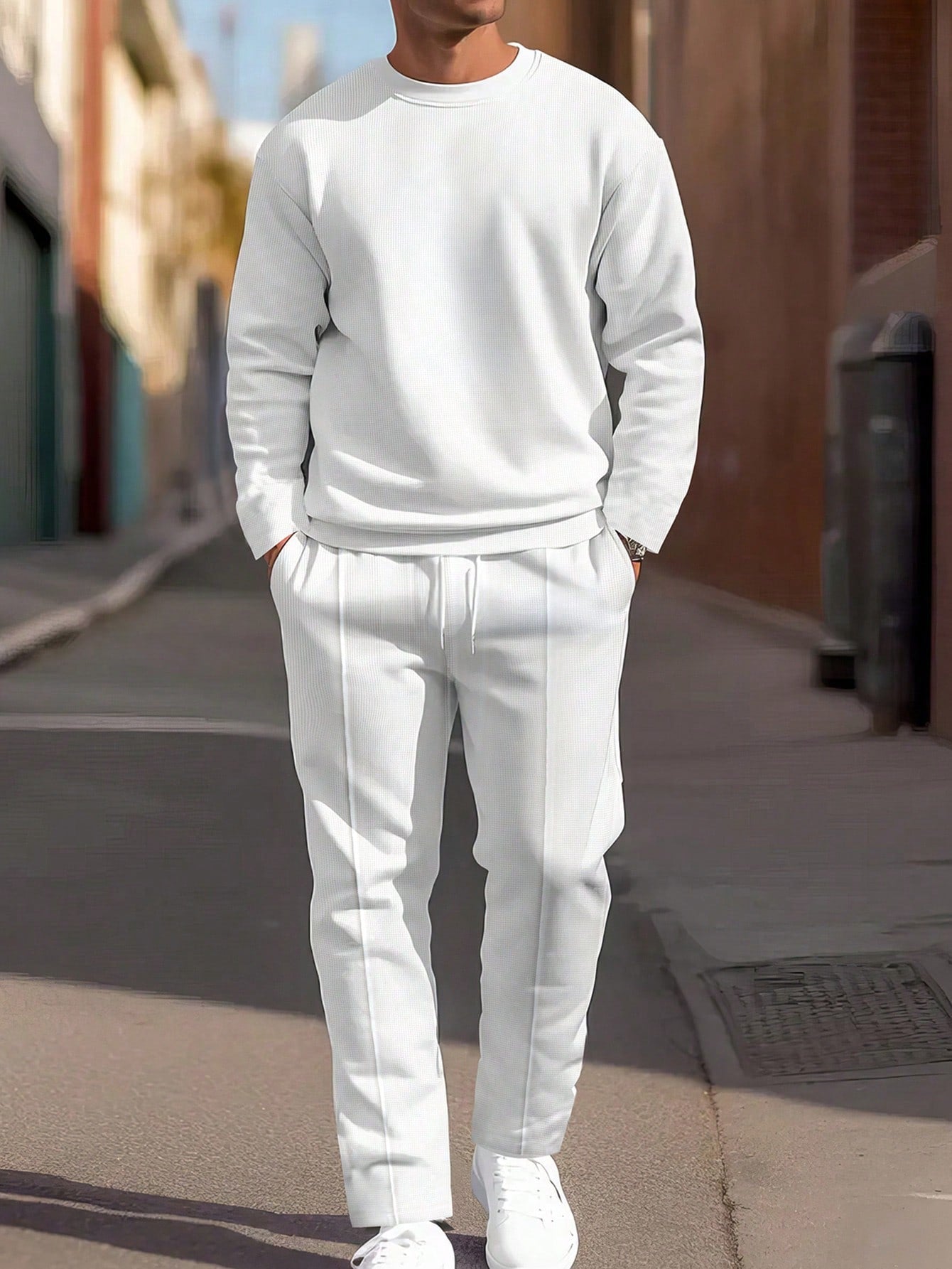 Manfinity Homme Men's Solid Color Round Neck Long Sleeve Simple Top And Casual Long Pants Set