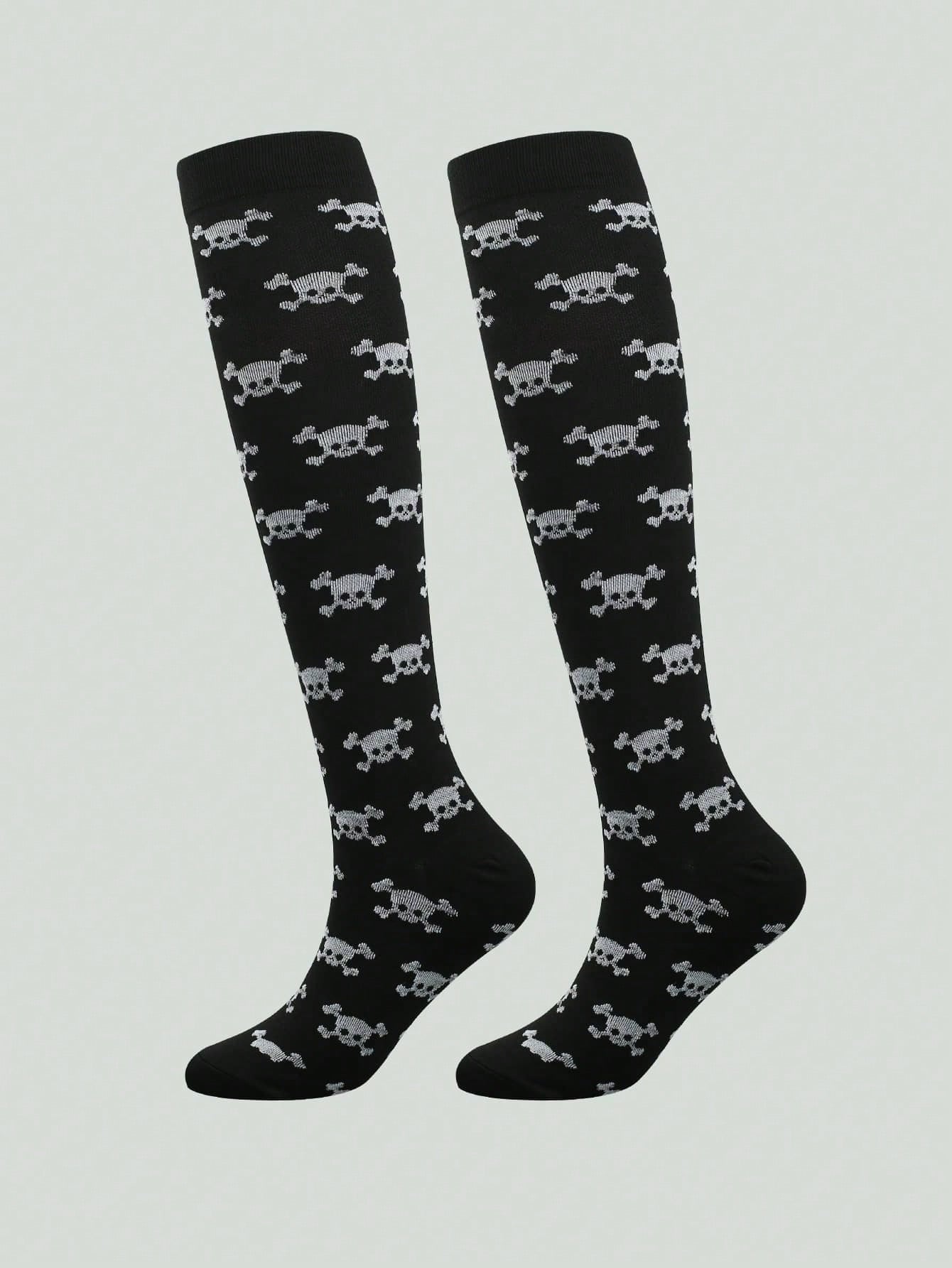 Sports Outdoor 4 Pairs Skull Printed Professional Outdoor Running Sports Long Compression Socks, Suitable For Long Standing Population