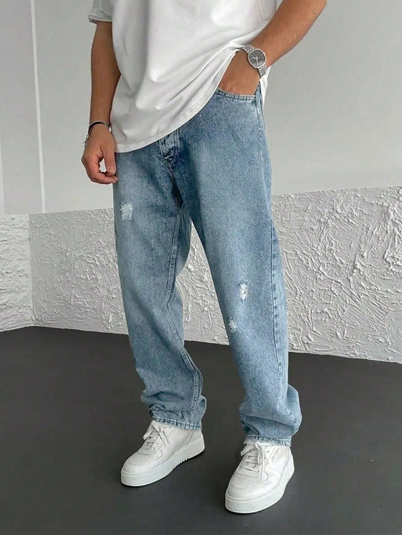 Men Ripped Straight Leg Jeans