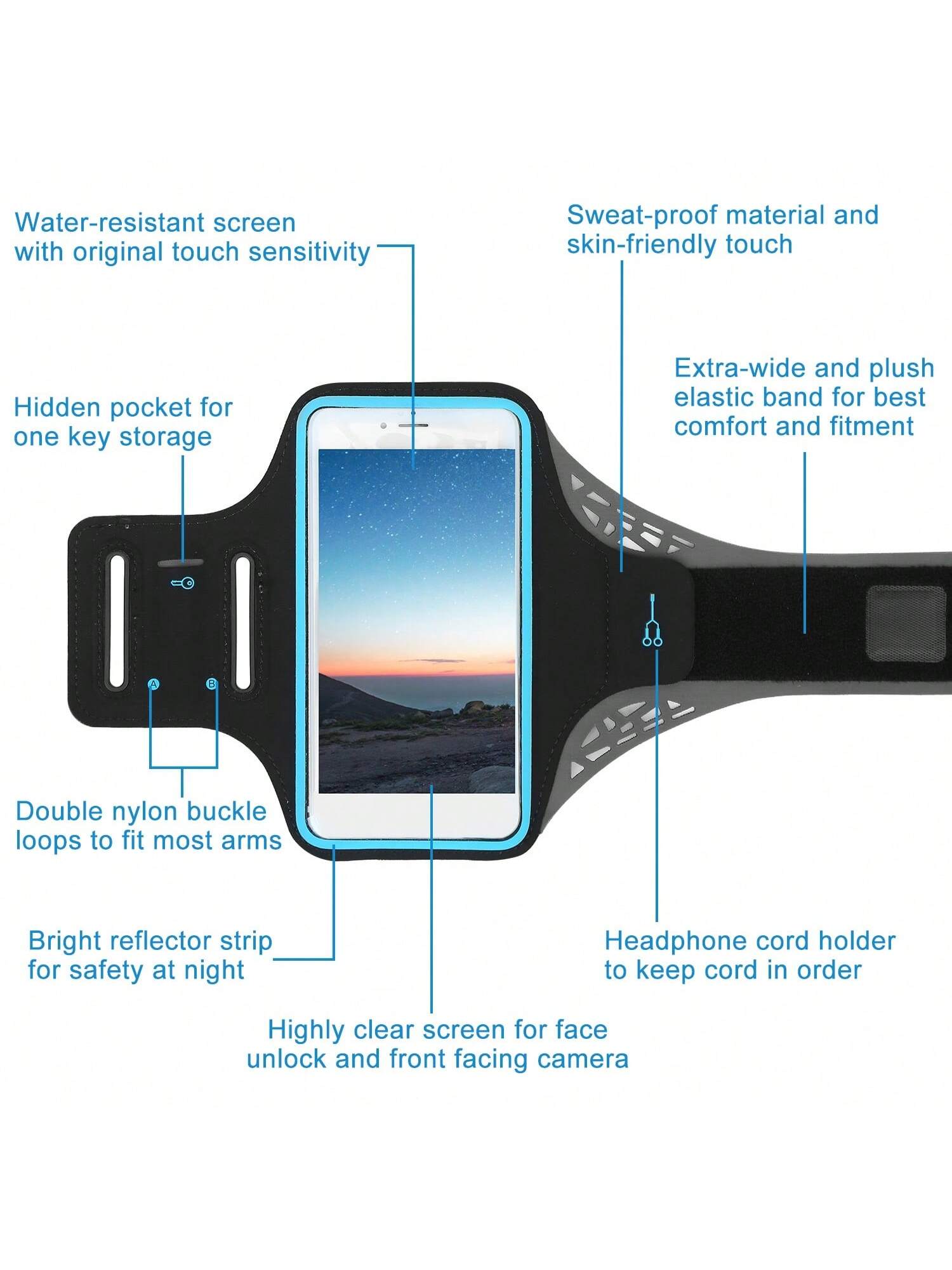 1PC Phone Armband Case Sweat-Resistant Armband Phone Holder 7in Max Phone Holder Adjustable With Headphone Cable Key Card Holder For Running Jogging Riding Hiking Gym