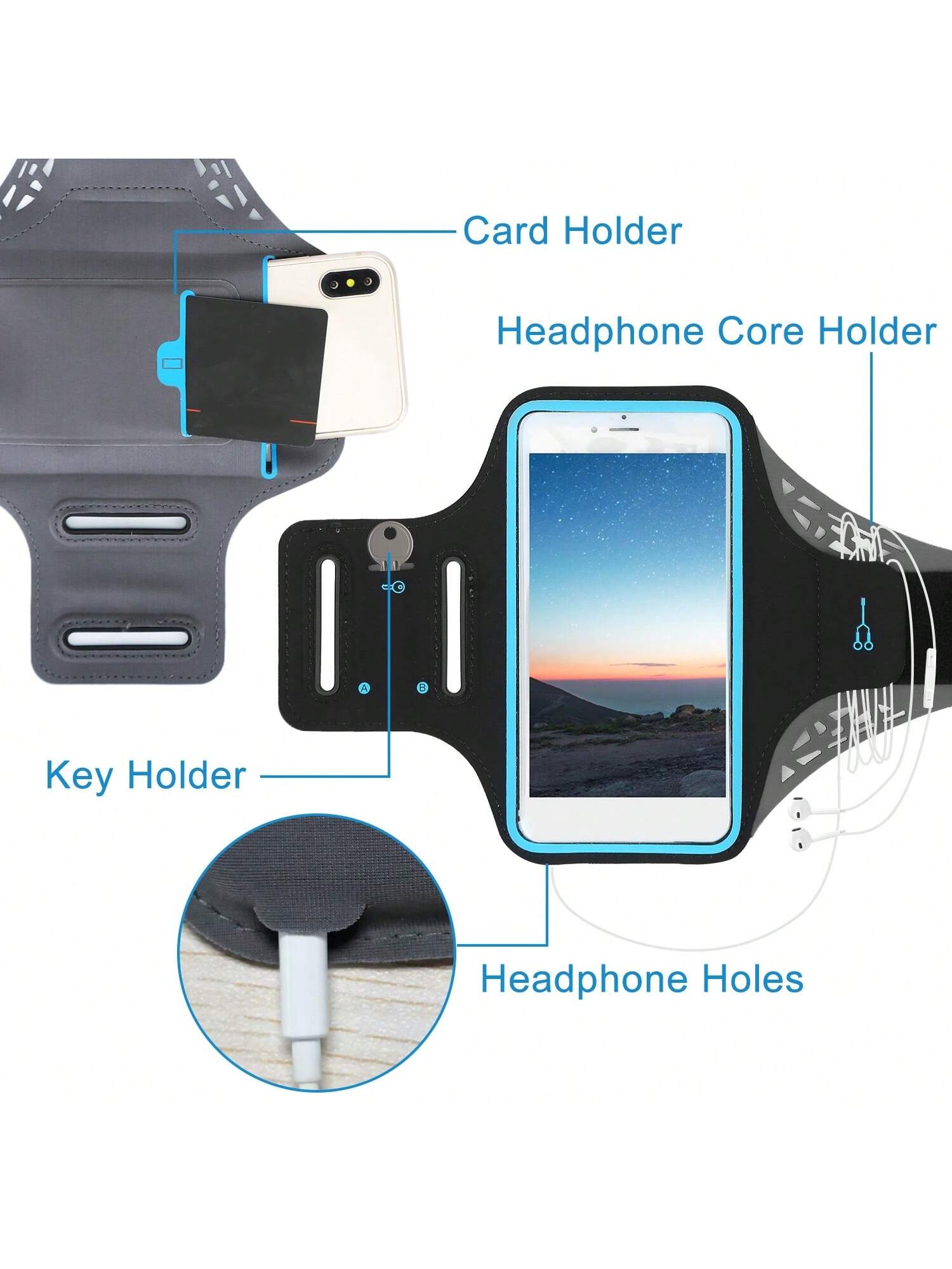 1PC Phone Armband Case Sweat-Resistant Armband Phone Holder 7in Max Phone Holder Adjustable With Headphone Cable Key Card Holder For Running Jogging Riding Hiking Gym