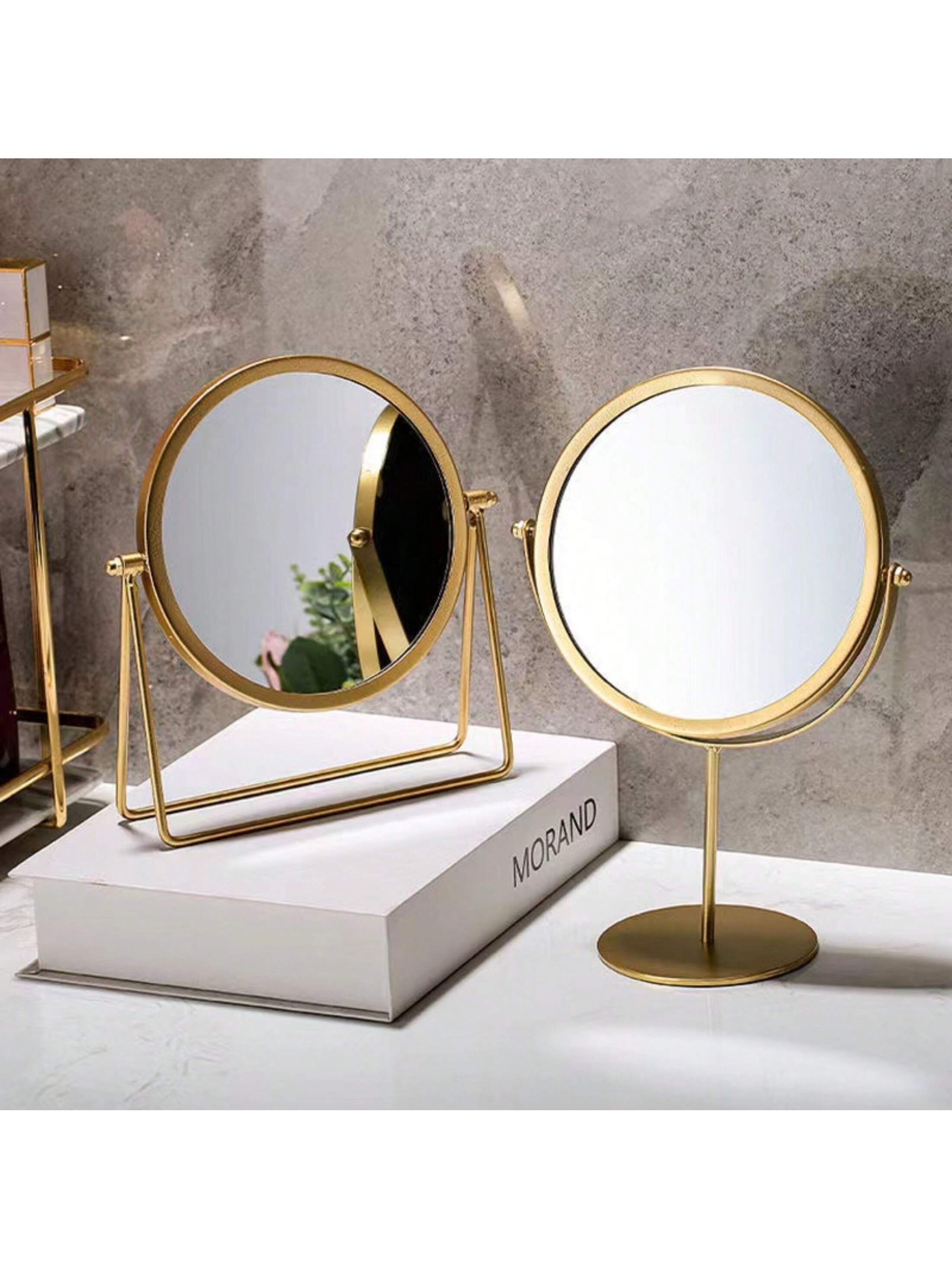 1pc Nordic Style Desktop Iron Vanity Mirror With Round Golden Frame, Modern