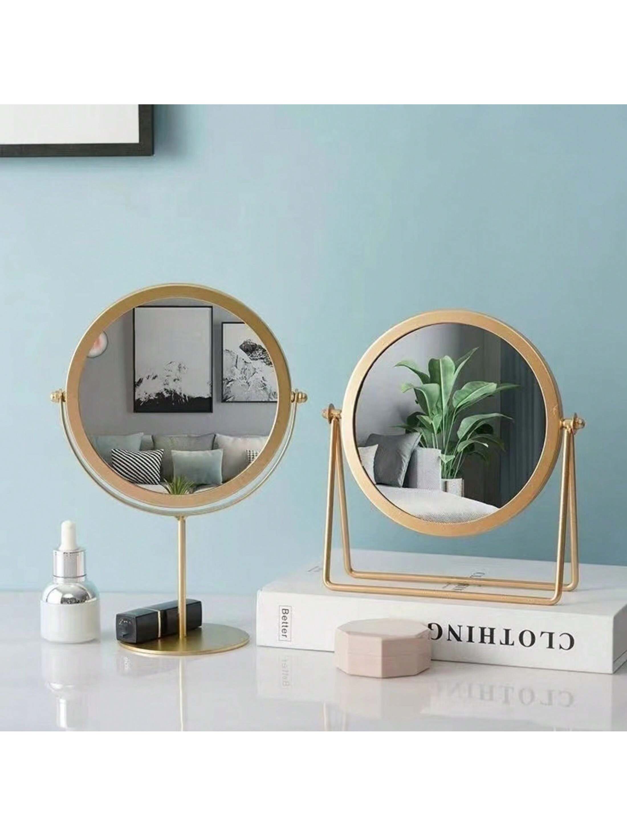 1pc Nordic Style Desktop Iron Vanity Mirror With Round Golden Frame, Modern