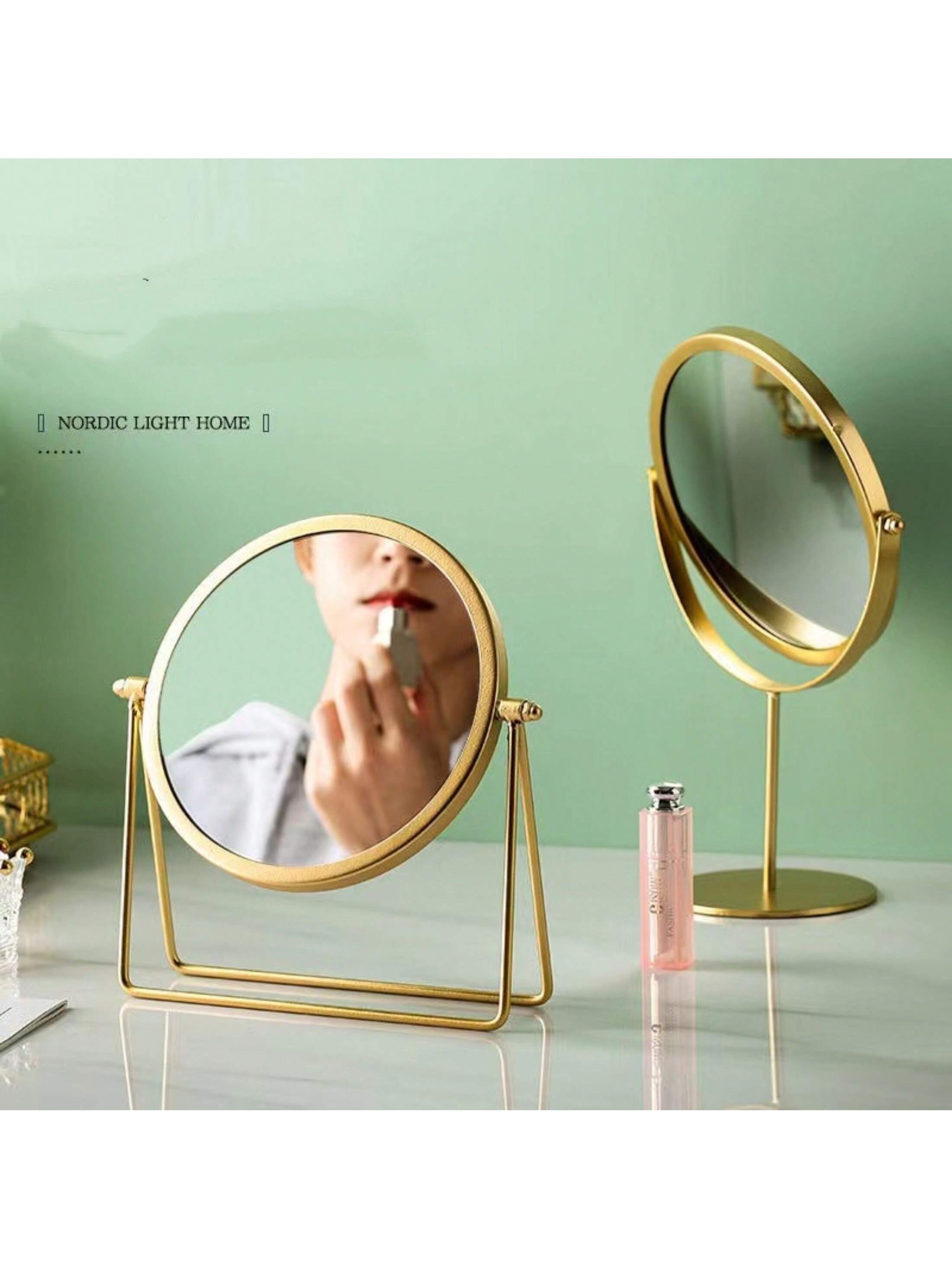 1pc Nordic Style Desktop Iron Vanity Mirror With Round Golden Frame, Modern