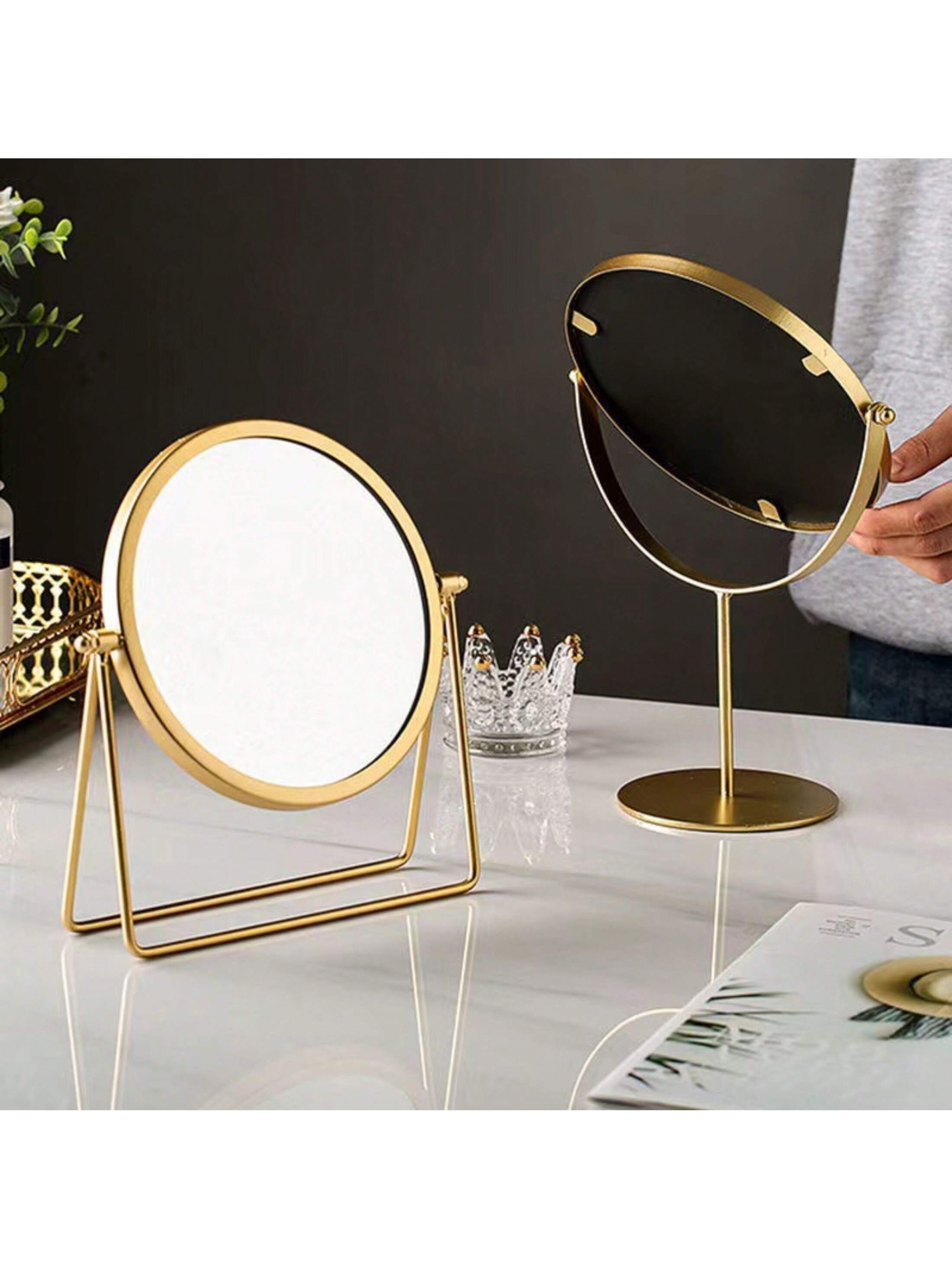 1pc Nordic Style Desktop Iron Vanity Mirror With Round Golden Frame, Modern