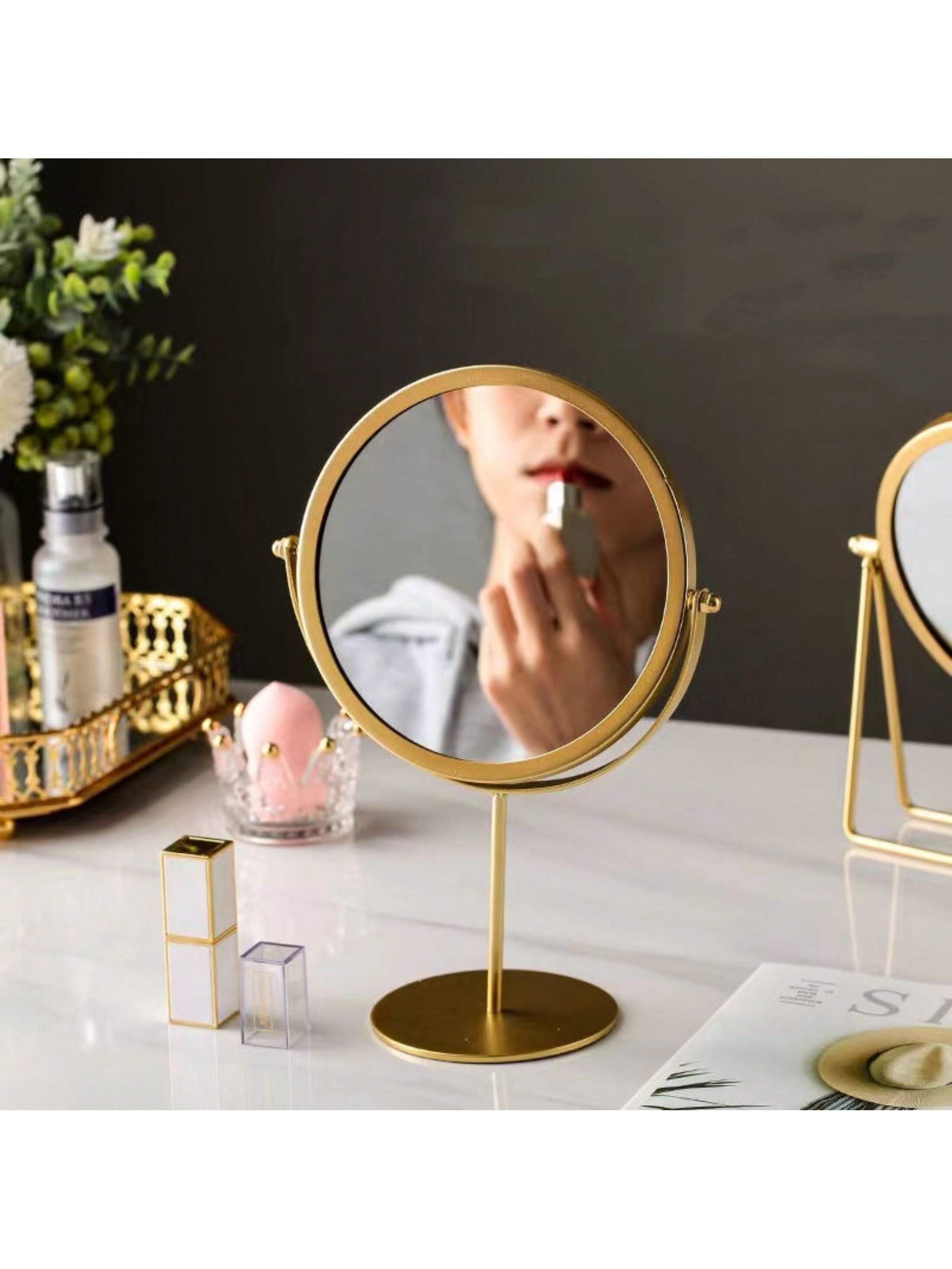 1pc Nordic Style Desktop Iron Vanity Mirror With Round Golden Frame, Modern