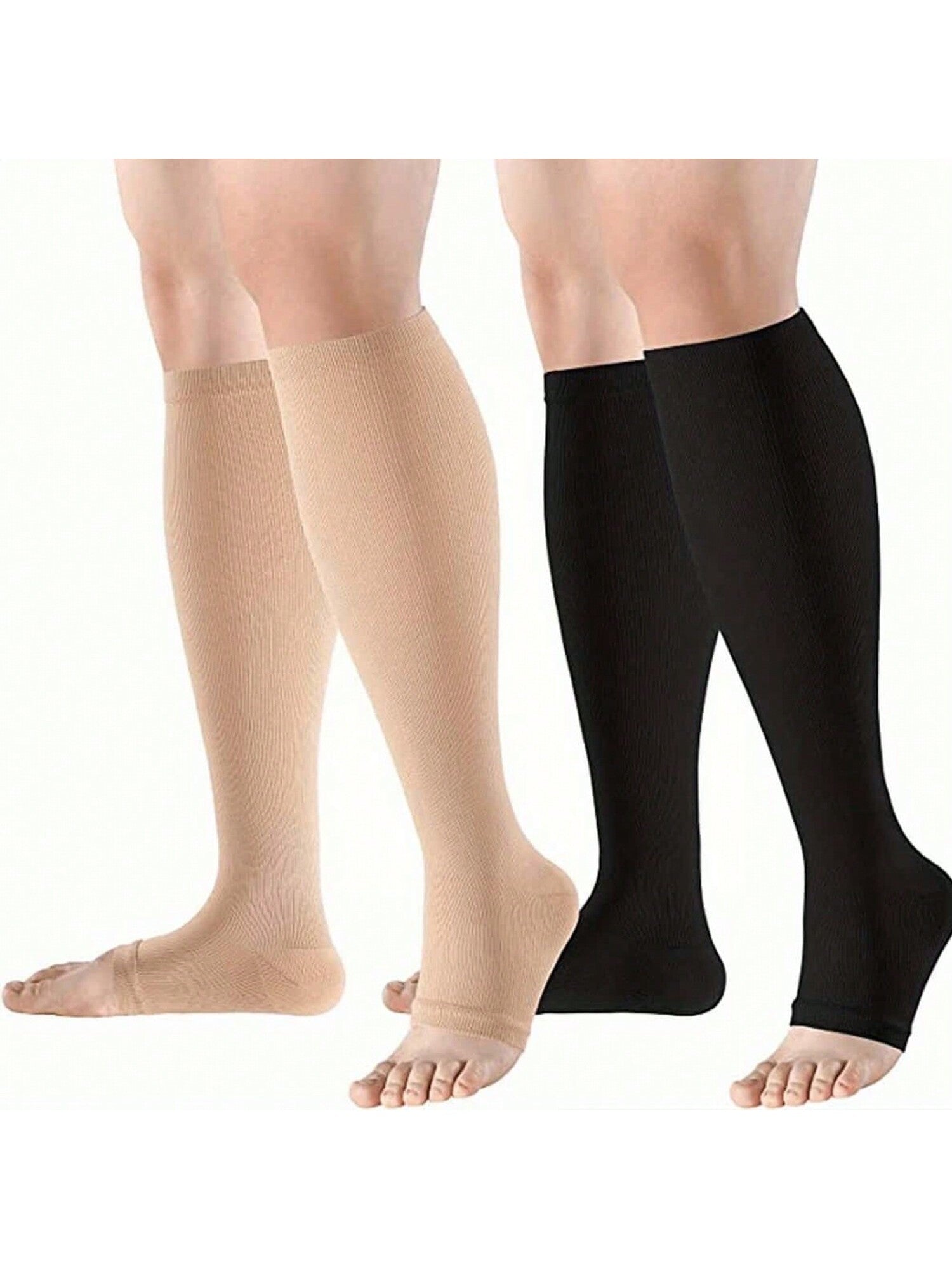 2 Pairs Highly Elastic Toe-Exposed Compression Socks, Suitable For Men And Women, Suitable For Outdoor, Running, Hiking, Sports And Cycling. (Black) (Beige)