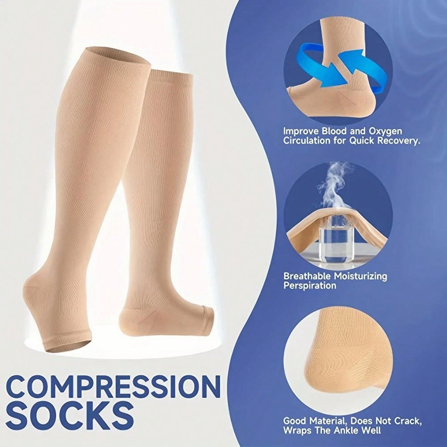 2 Pairs Highly Elastic Toe-Exposed Compression Socks, Suitable For Men And Women, Suitable For Outdoor, Running, Hiking, Sports And Cycling. (Black) (Beige)