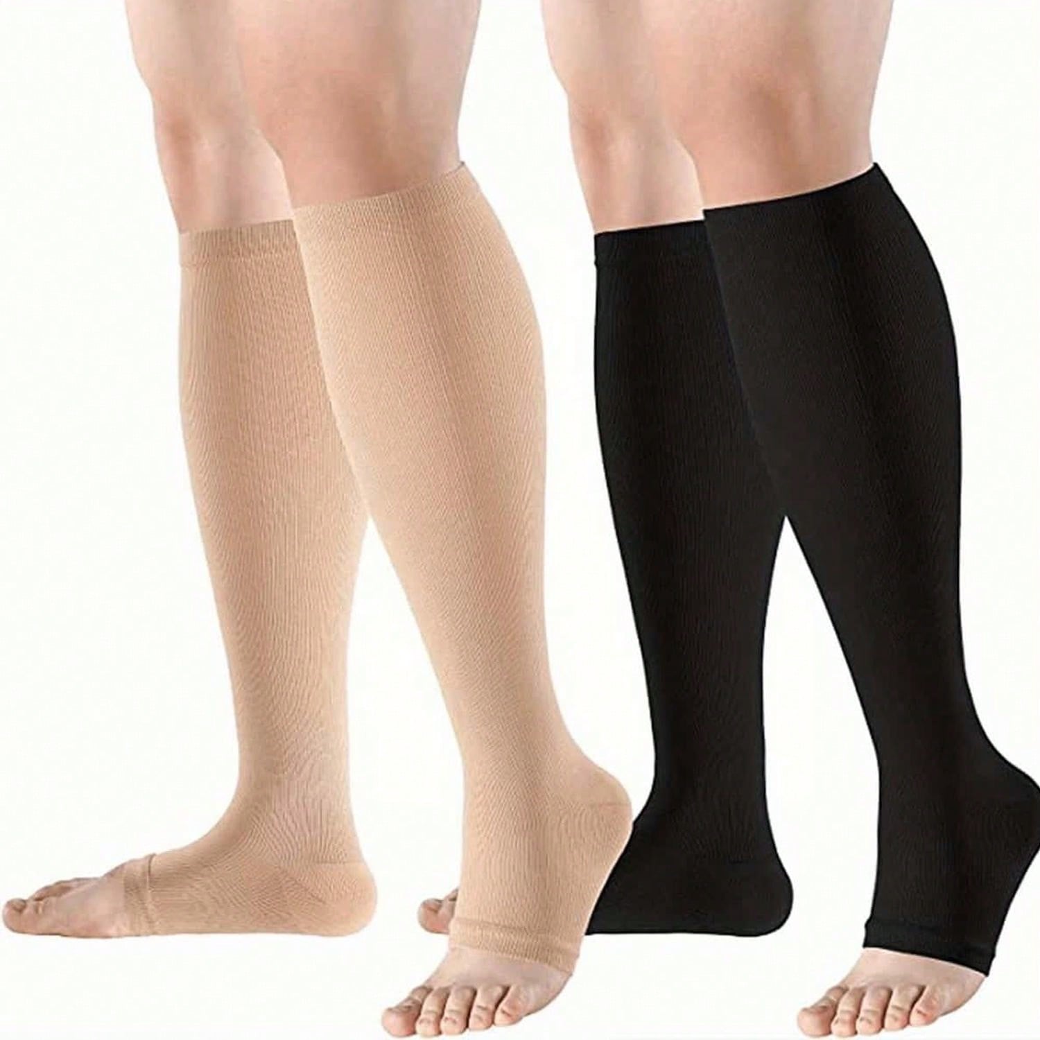 2 Pairs Highly Elastic Toe-Exposed Compression Socks, Suitable For Men And Women, Suitable For Outdoor, Running, Hiking, Sports And Cycling. (Black) (Beige)