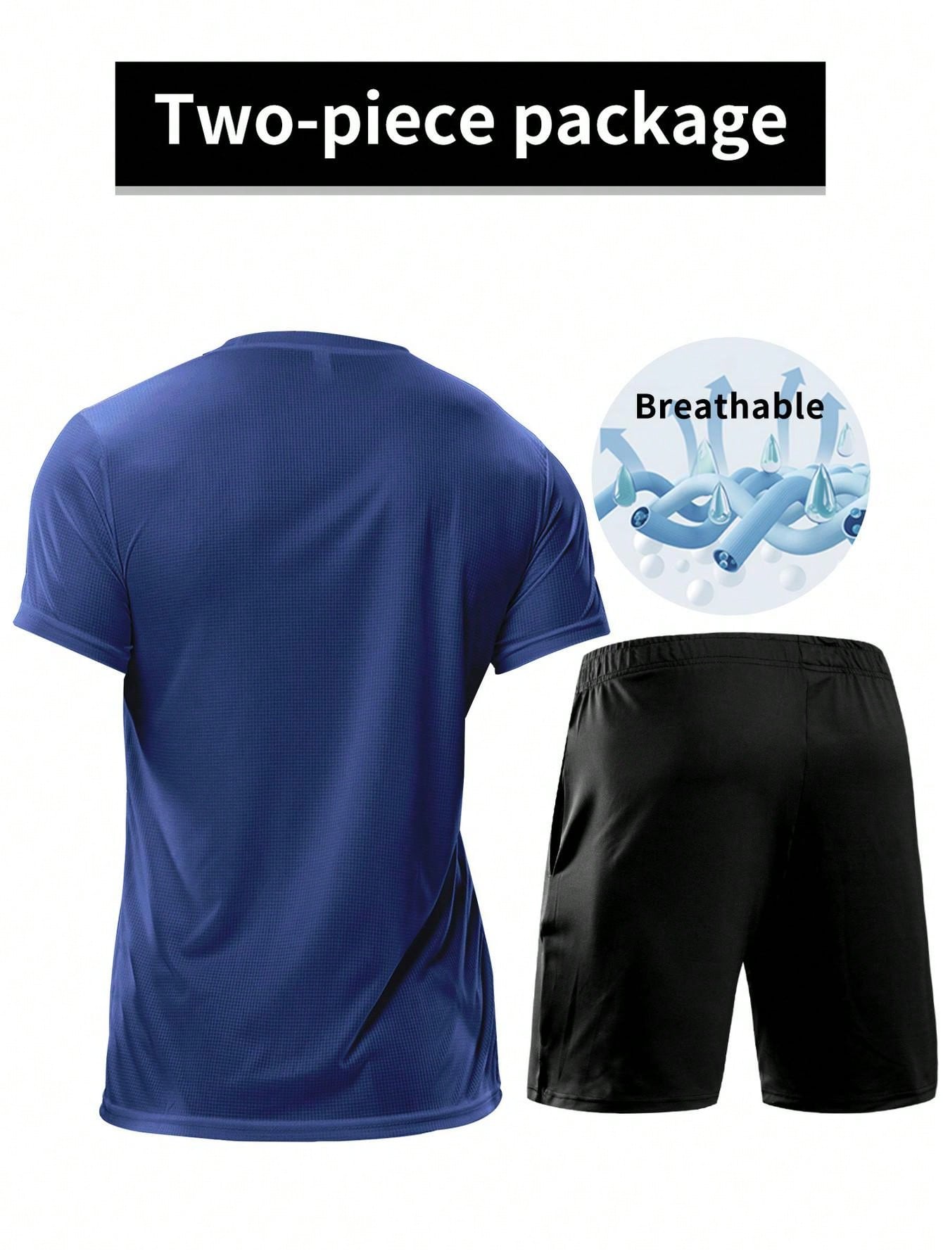 2pcs Men Sports Suit, T-Shirt And Drawstring Shorts, Lightweight For Running, Basketball, Football, Fitness