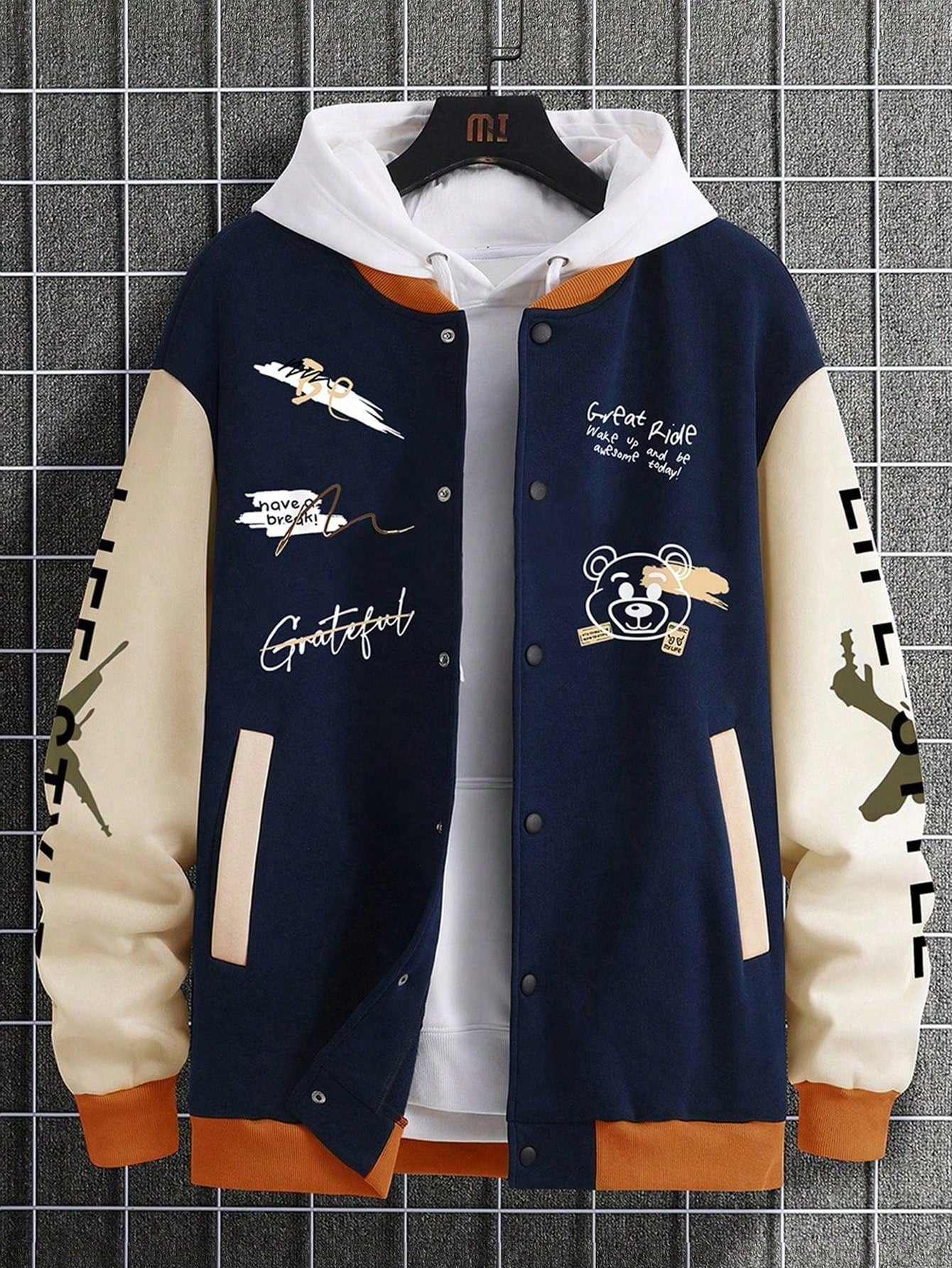 Manfinity EMRG Men's Loose Slogans Cartoon Bear Print Long Sleeve Casual Baseball Jacket, Autumn