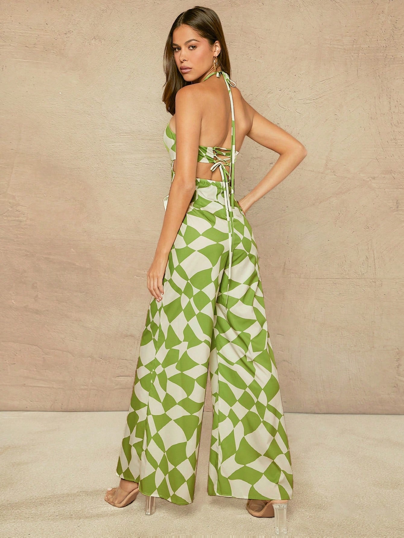 L'Amorae Geo Print Wide Leg Backless Jumpsuit