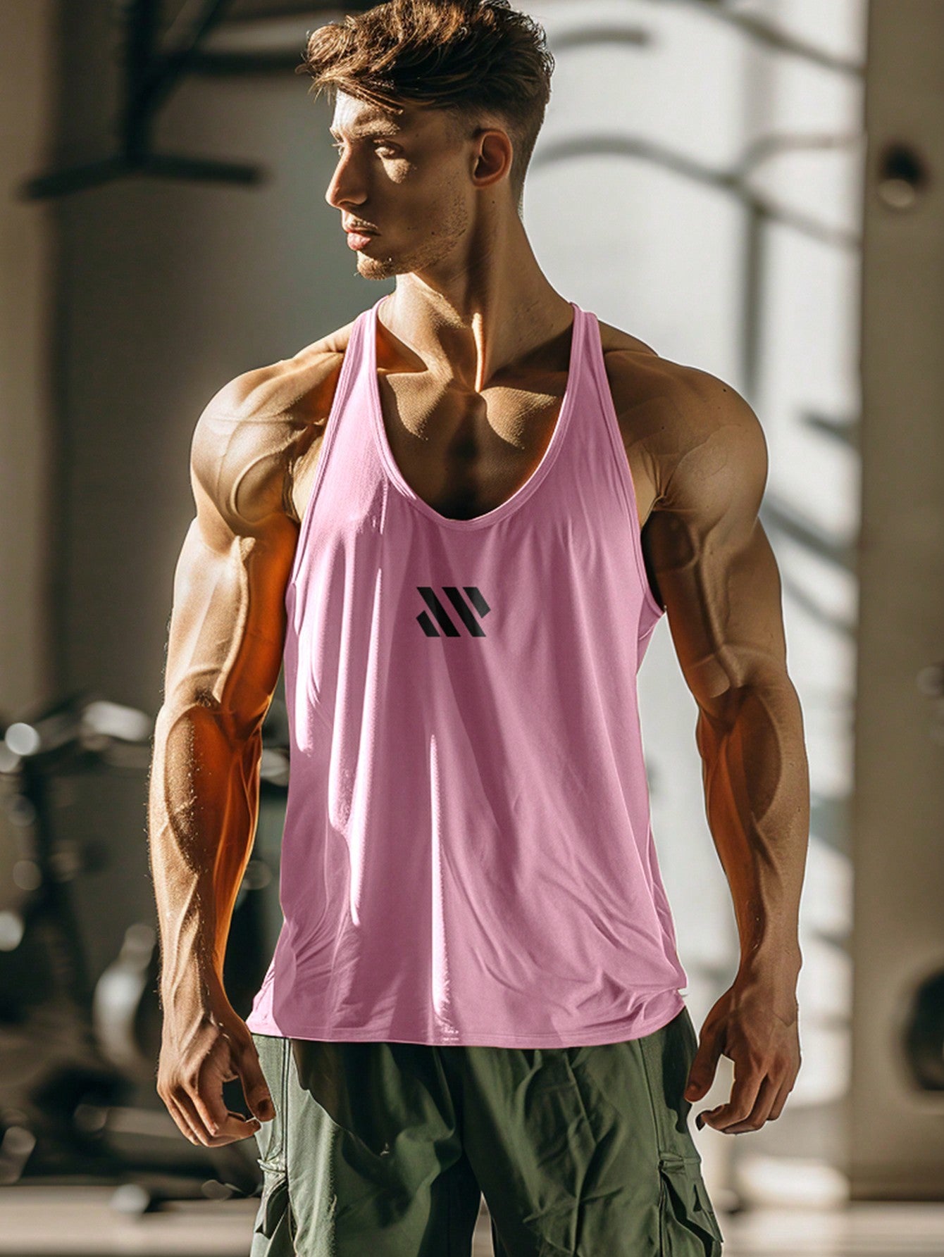 Boyfriend Style Men's Muscle Sportswear Sleeveless Shirt Printed With Diagonal Stripes, Breathable And Quick-Dry Mesh Gym Casual Outdoor Tank Top