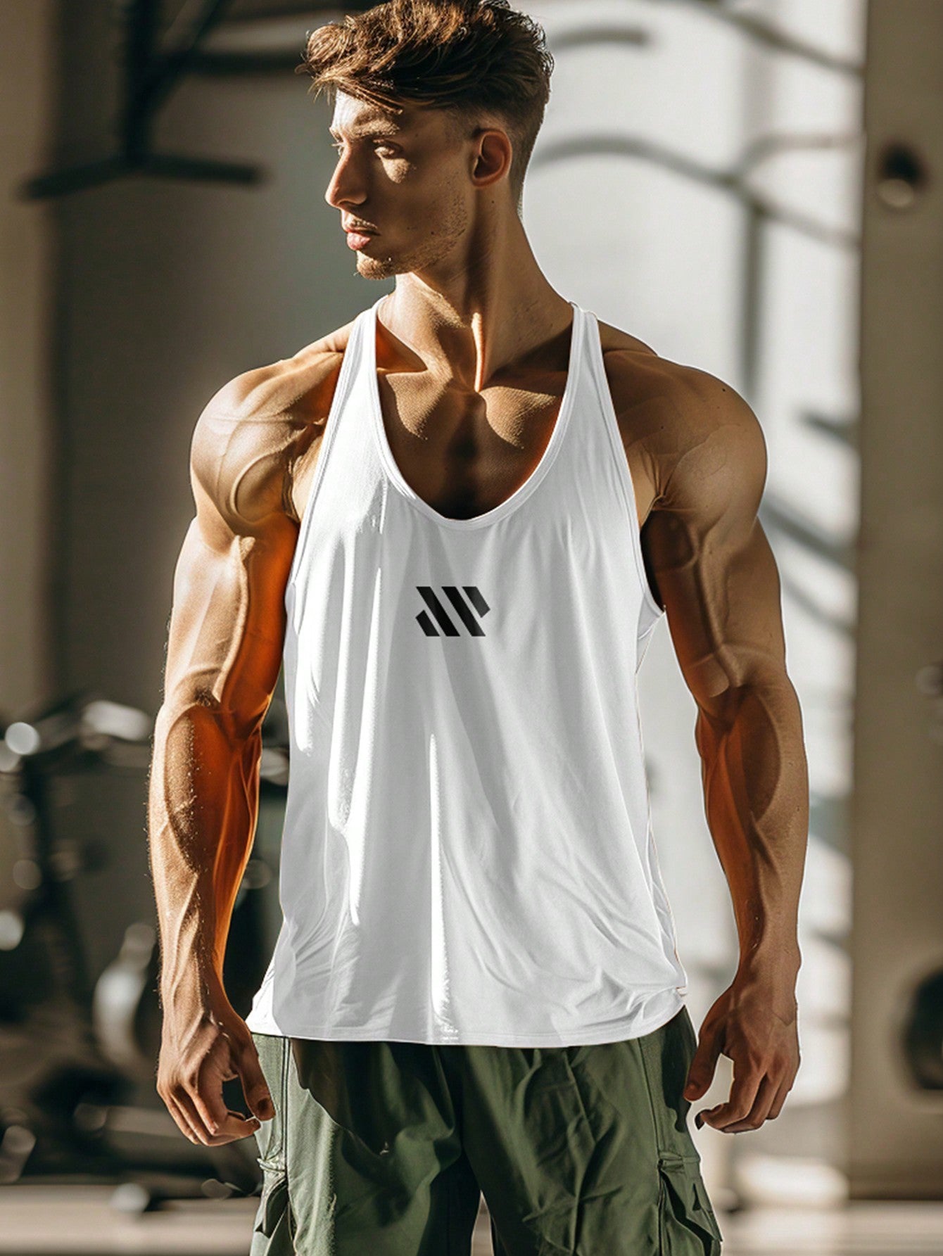 Boyfriend Style Men's Muscle Sportswear Sleeveless Shirt Printed With Diagonal Stripes, Breathable And Quick-Dry Mesh Gym Casual Outdoor Tank Top