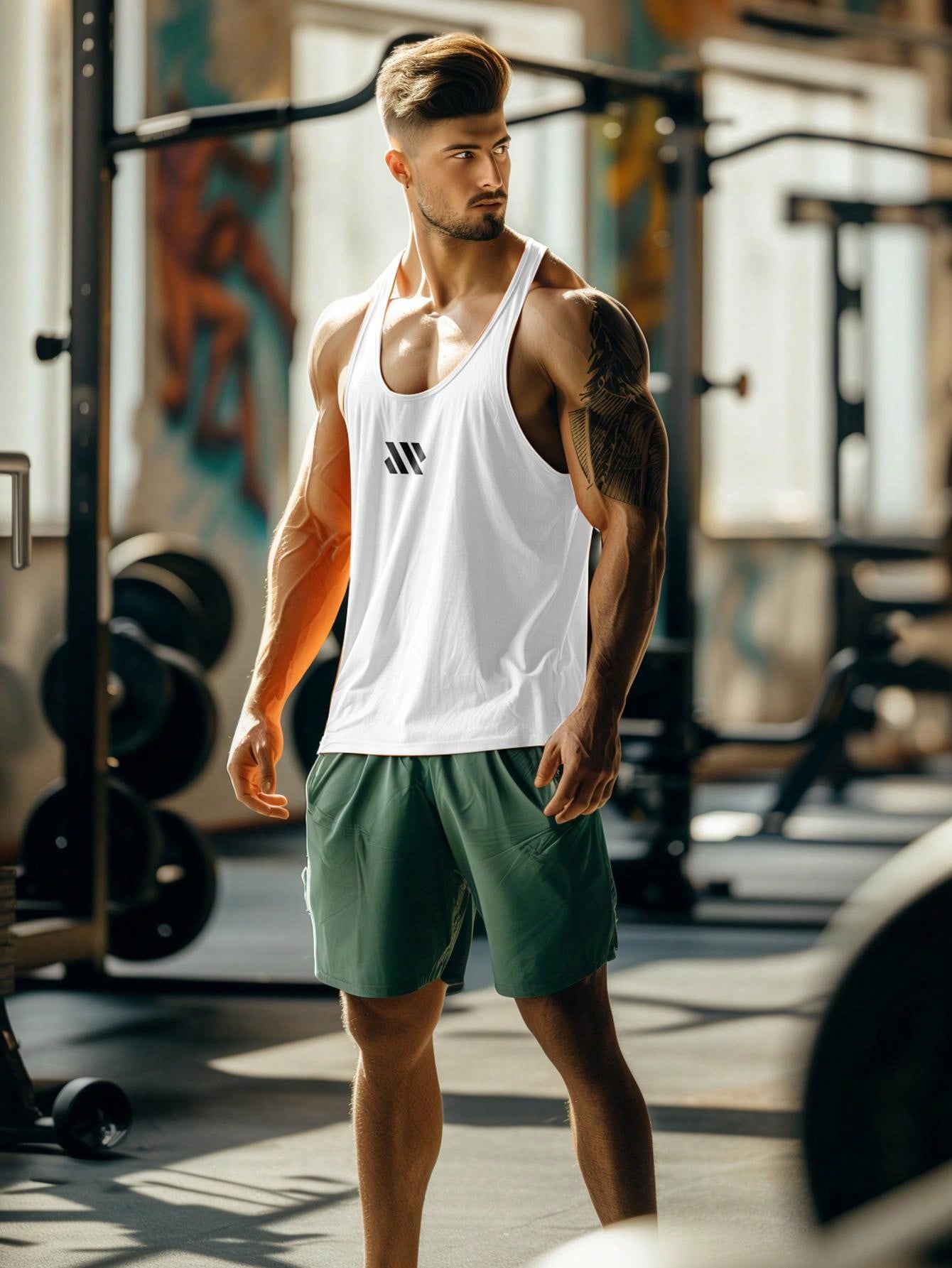 Boyfriend Style Men's Muscle Sportswear Sleeveless Shirt Printed With Diagonal Stripes, Breathable And Quick-Dry Mesh Gym Casual Outdoor Tank Top