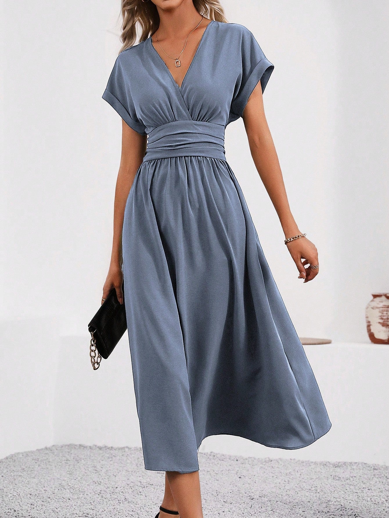 LUNE Women Summer Solid Color V-Neck Batwing Sleeve Waist Pleated Long Elegant Dress Maxi Women Outfit