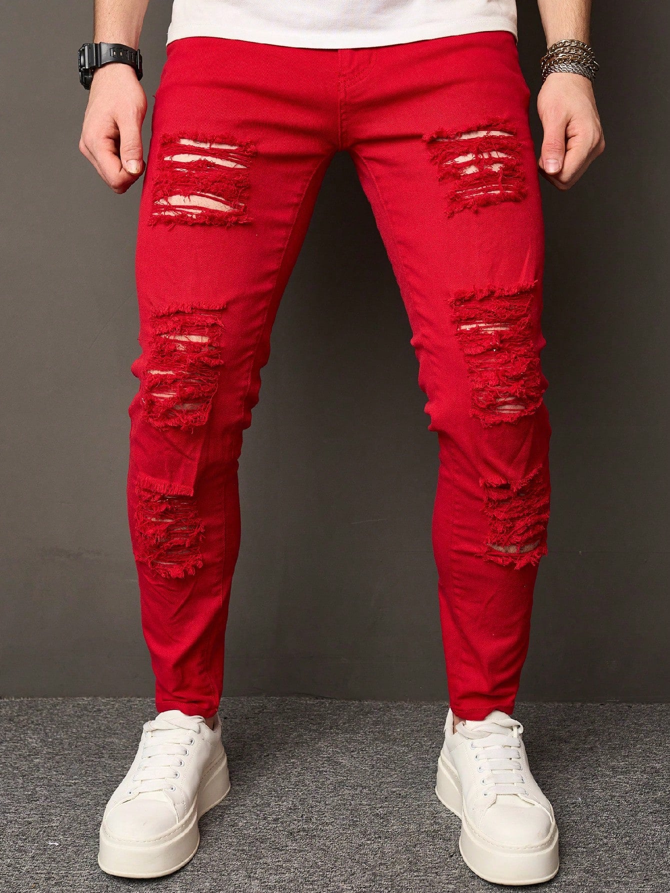 Manfinity LEGND Men Cotton Ripped Frayed Jeans Plain Slim Fit Long Plain Black Cargo Jeans, For Husband, Boyfriend Gifts