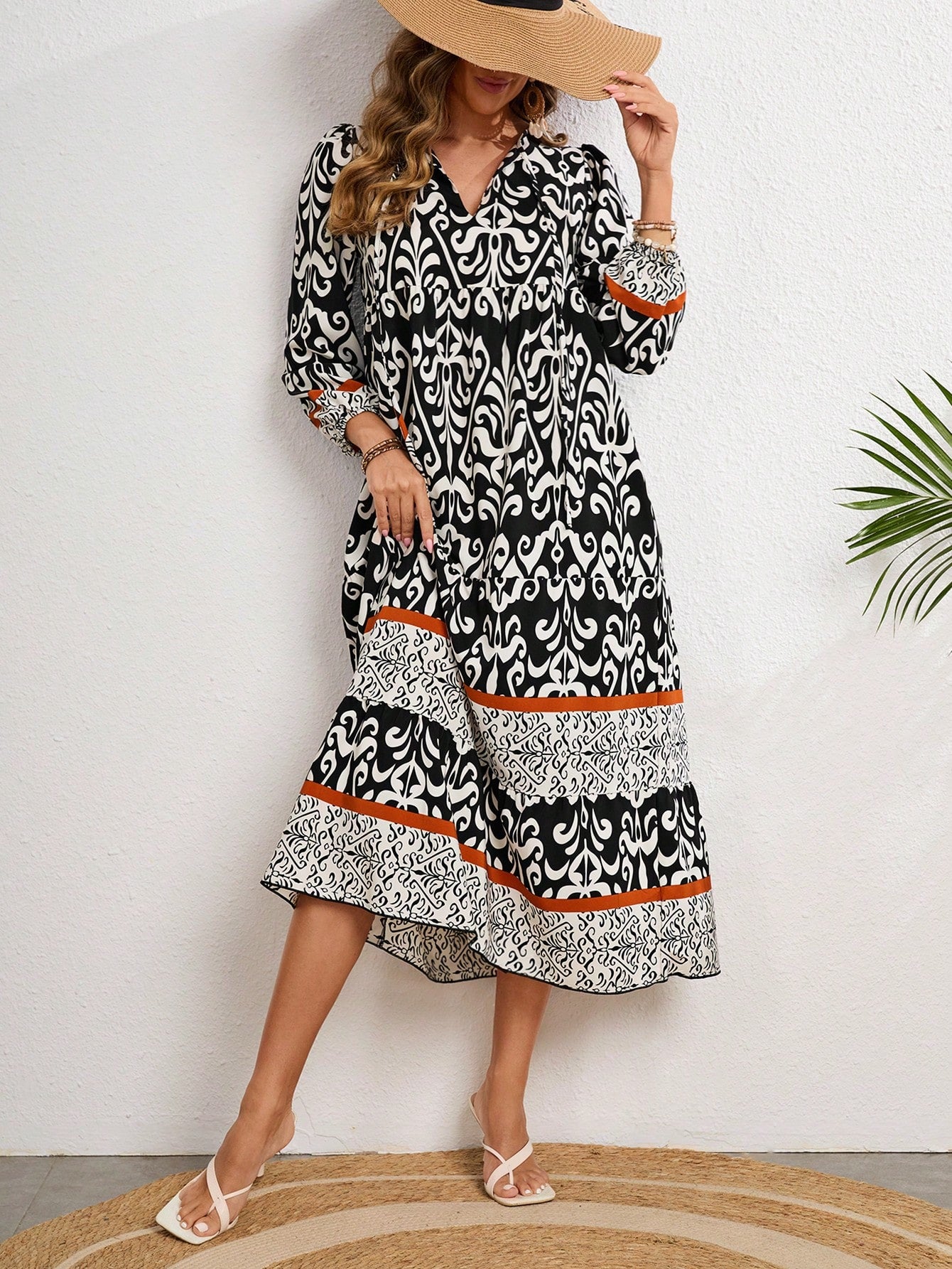 LUNE Patchwork Printed V-Neck Lantern Sleeve Dress