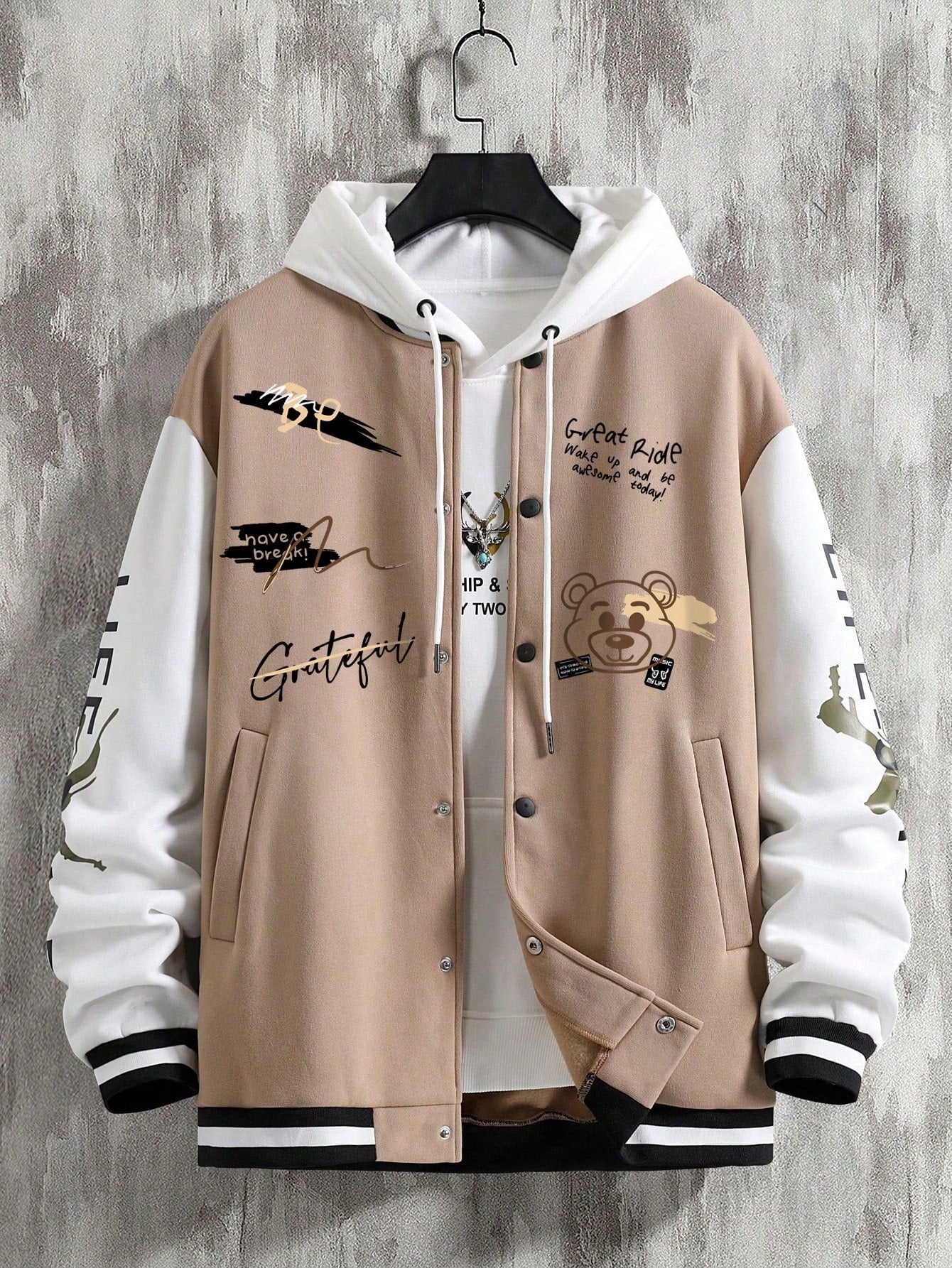 Manfinity EMRG Men's Loose Slogans Cartoon Bear Print Long Sleeve Casual Baseball Jacket, Autumn