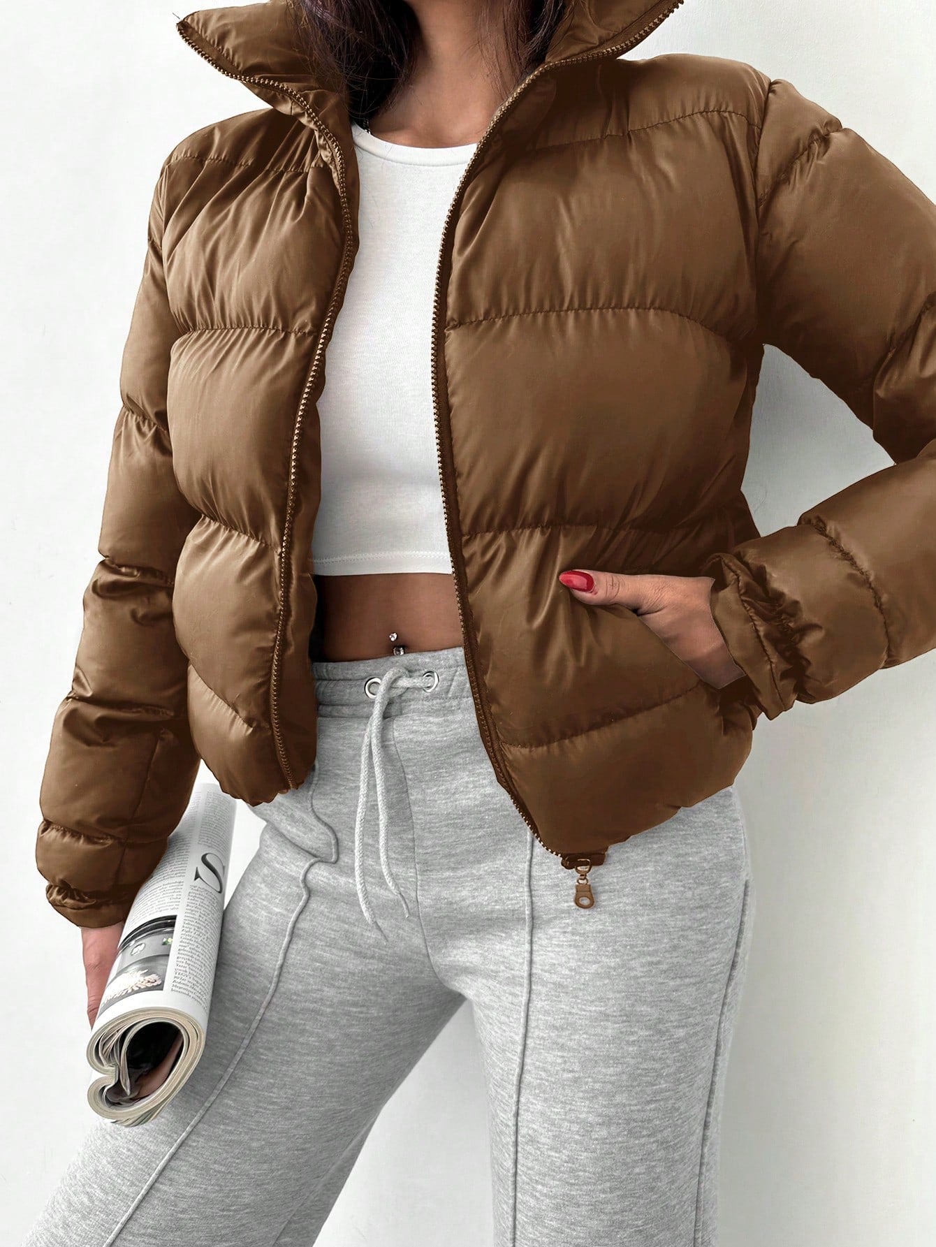 Solid Color Short Padded Jacket For Women