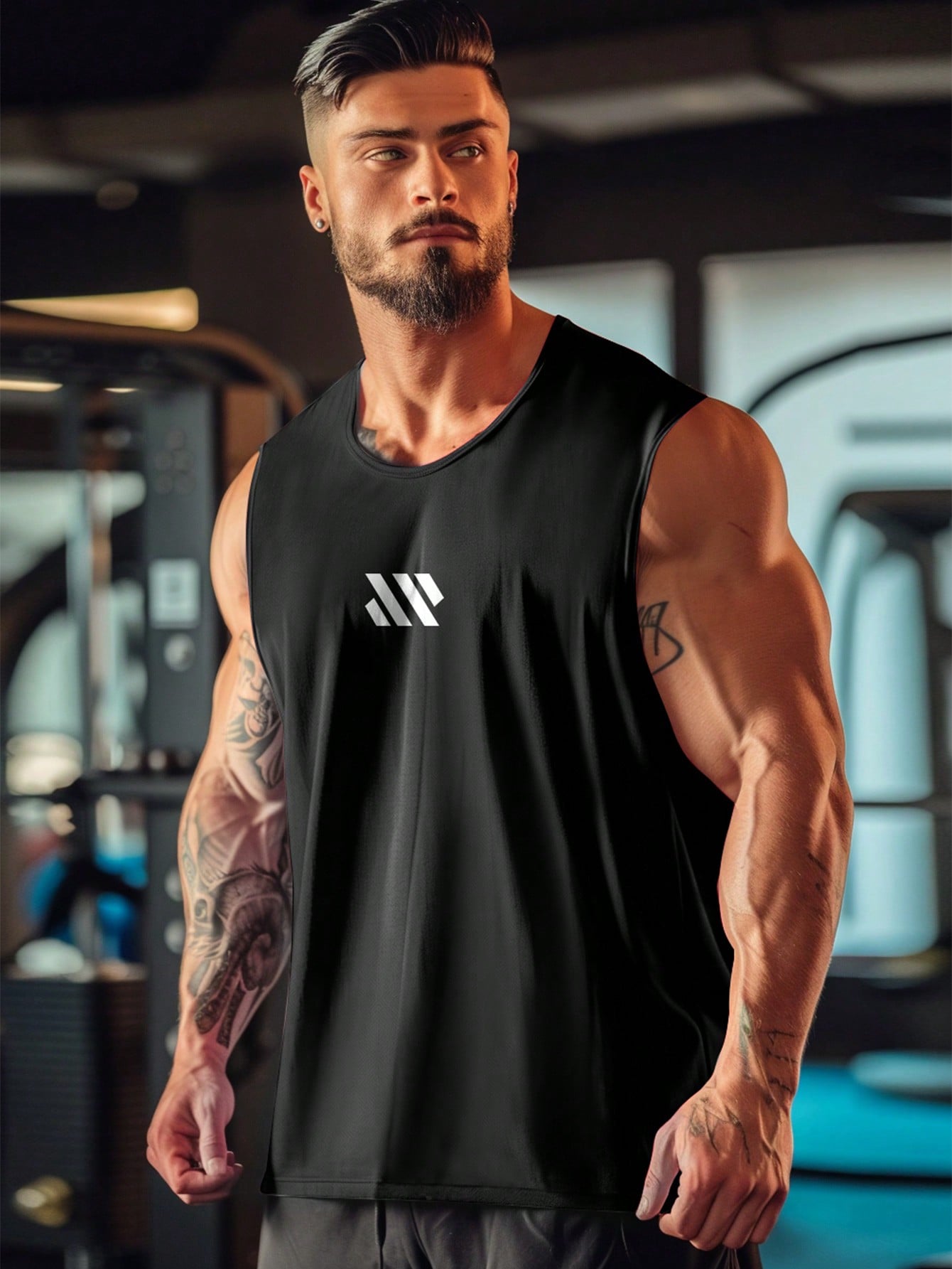 Boyfriend Style Men's Quick-Drying Breathable Moisture-Wicking Mesh Muscle Printed Sleeveless Top, Suitable For Sports, Fitness, Casual Wear And Running, Athletic Shirt