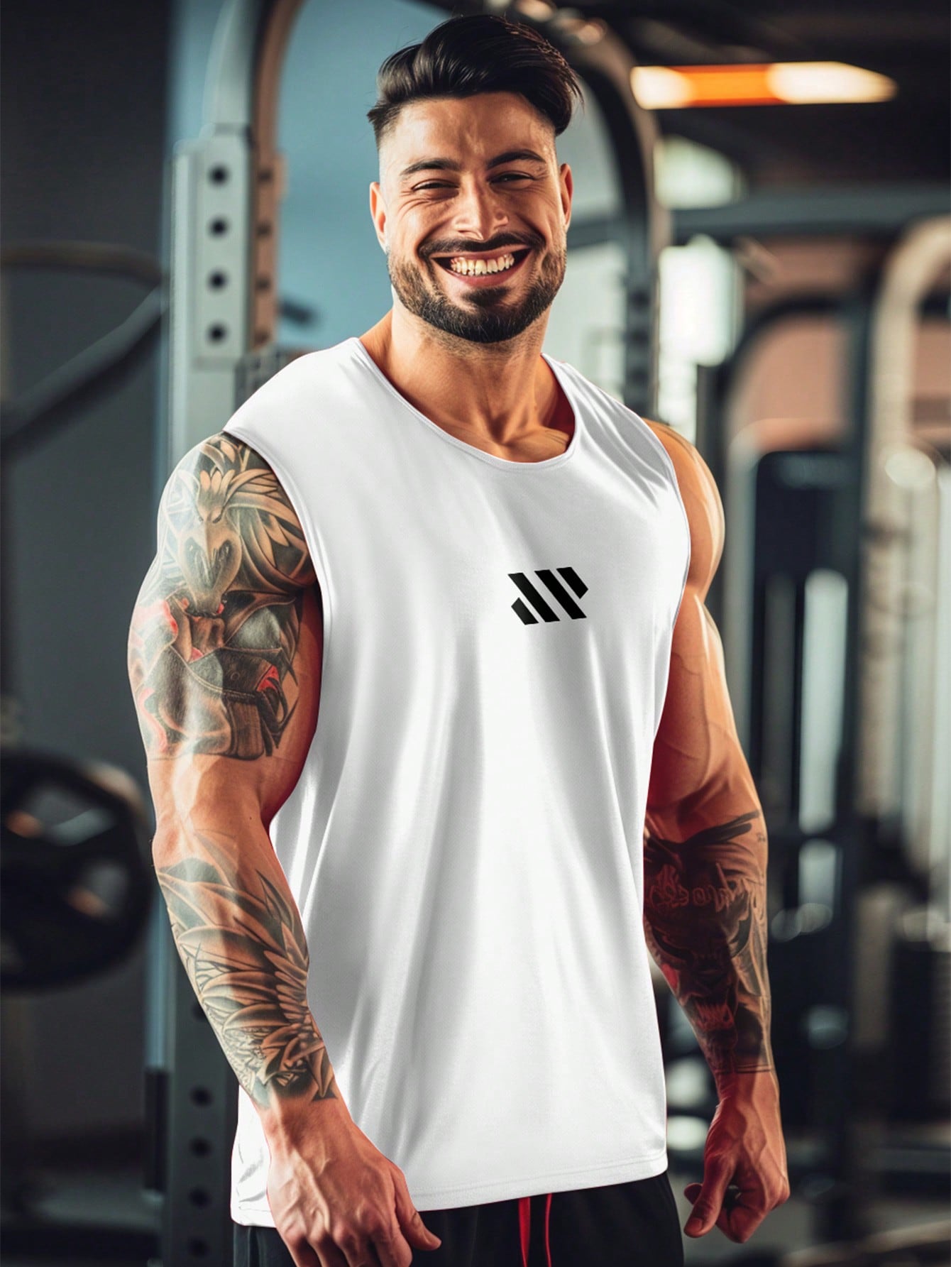 Boyfriend Style Men's Quick-Drying Breathable Moisture-Wicking Mesh Muscle Printed Sleeveless Top, Suitable For Sports, Fitness, Casual Wear And Running, Athletic Shirt