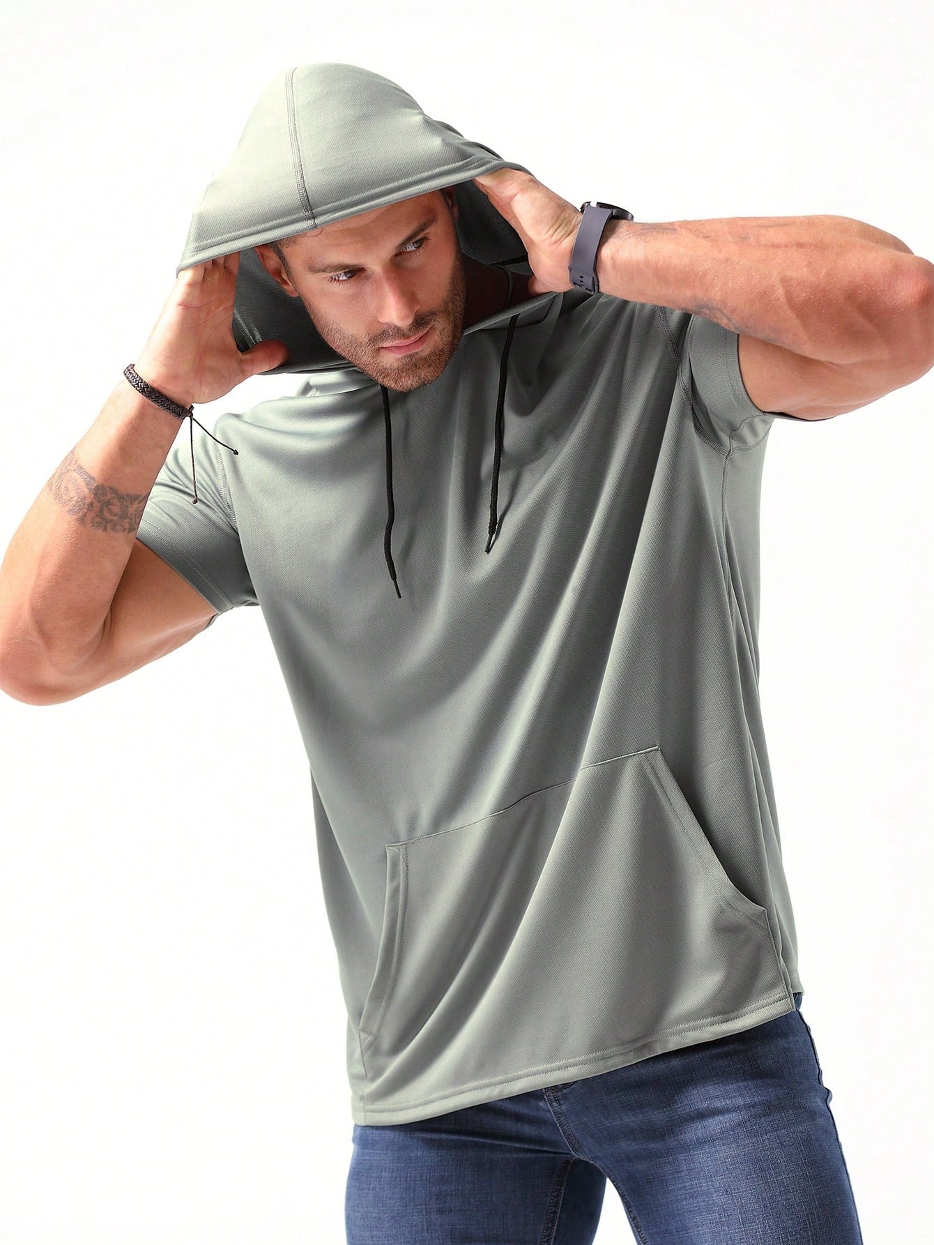 Boyfriend Style Men's Hooded Workout T-Shirts Dry Fit Moisture Wicking Short Sleeve Mesh Athletic T-Shirts