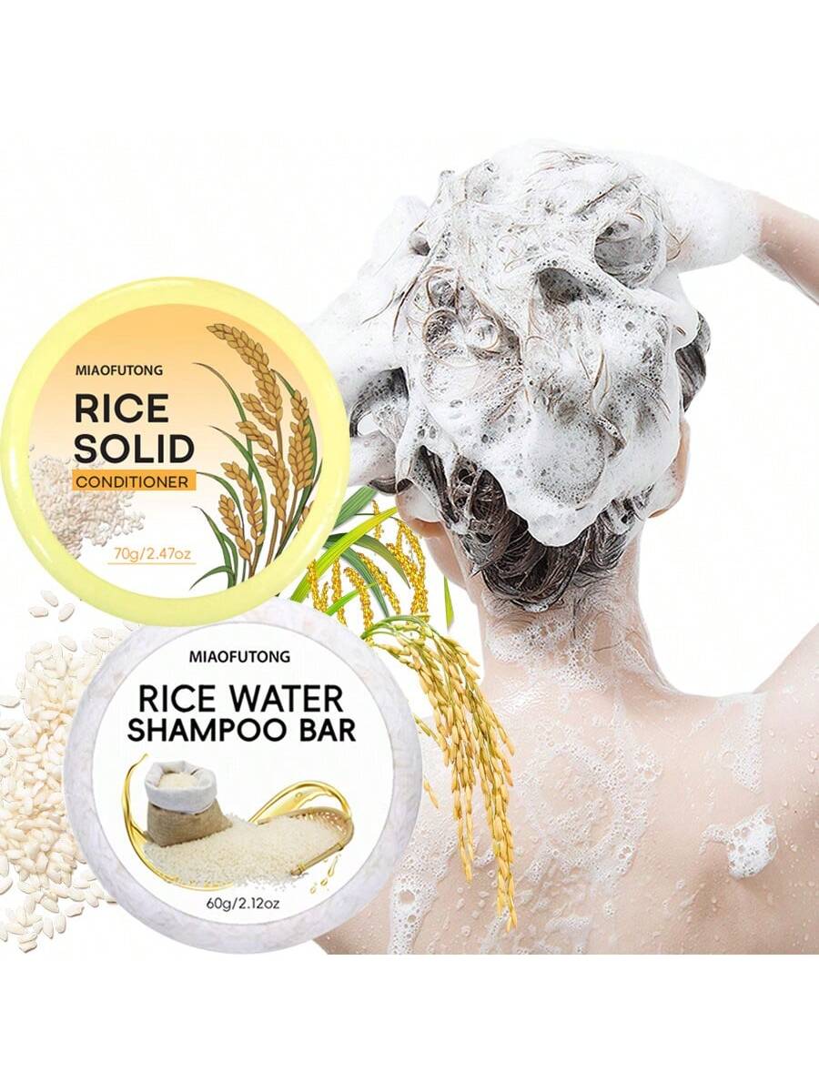 2PCS Rice Water Shampoo Bar/Rice Solid Conditioner Bar, For Strengthening And Moisturizing Hair