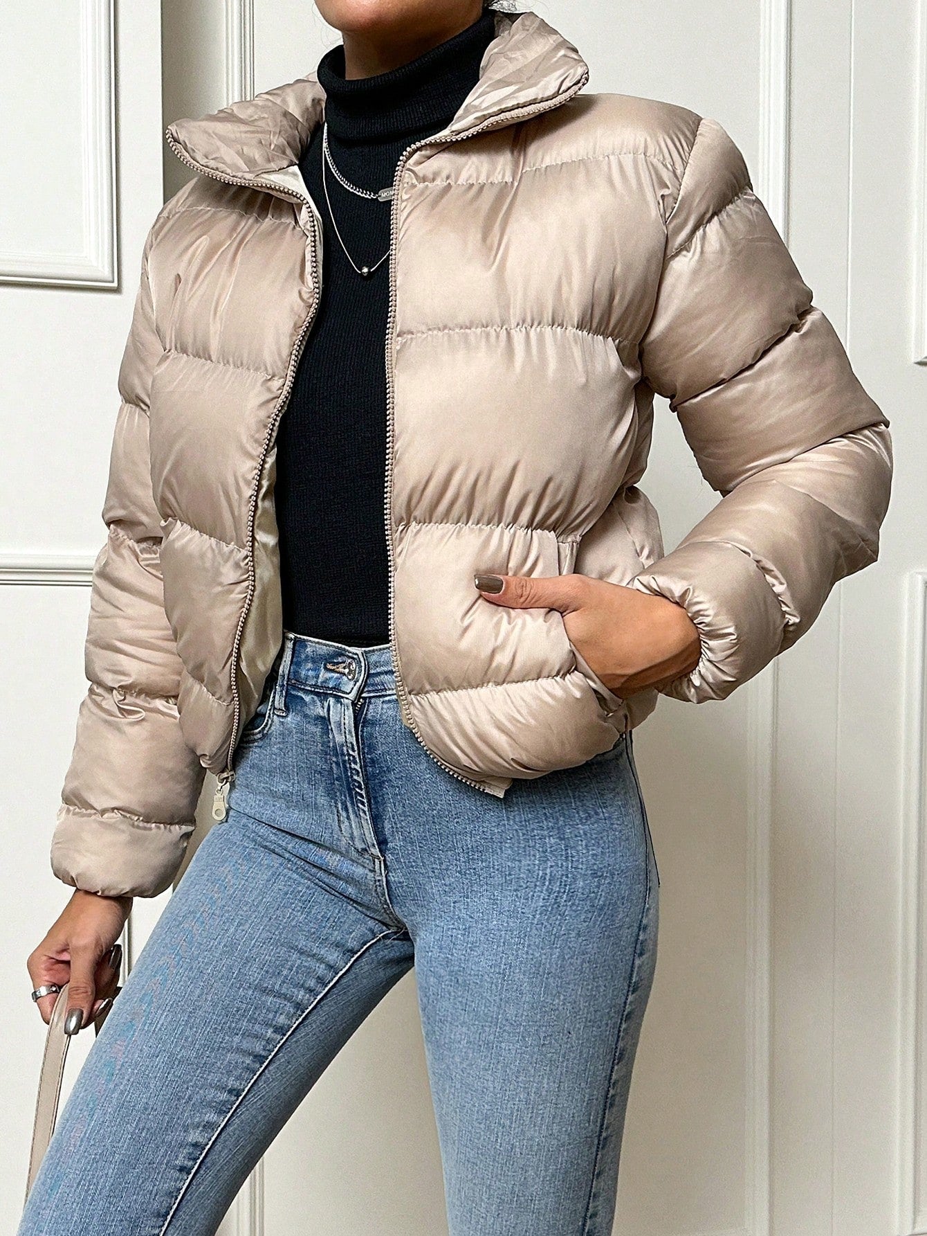 Solid Color Short Padded Jacket For Women