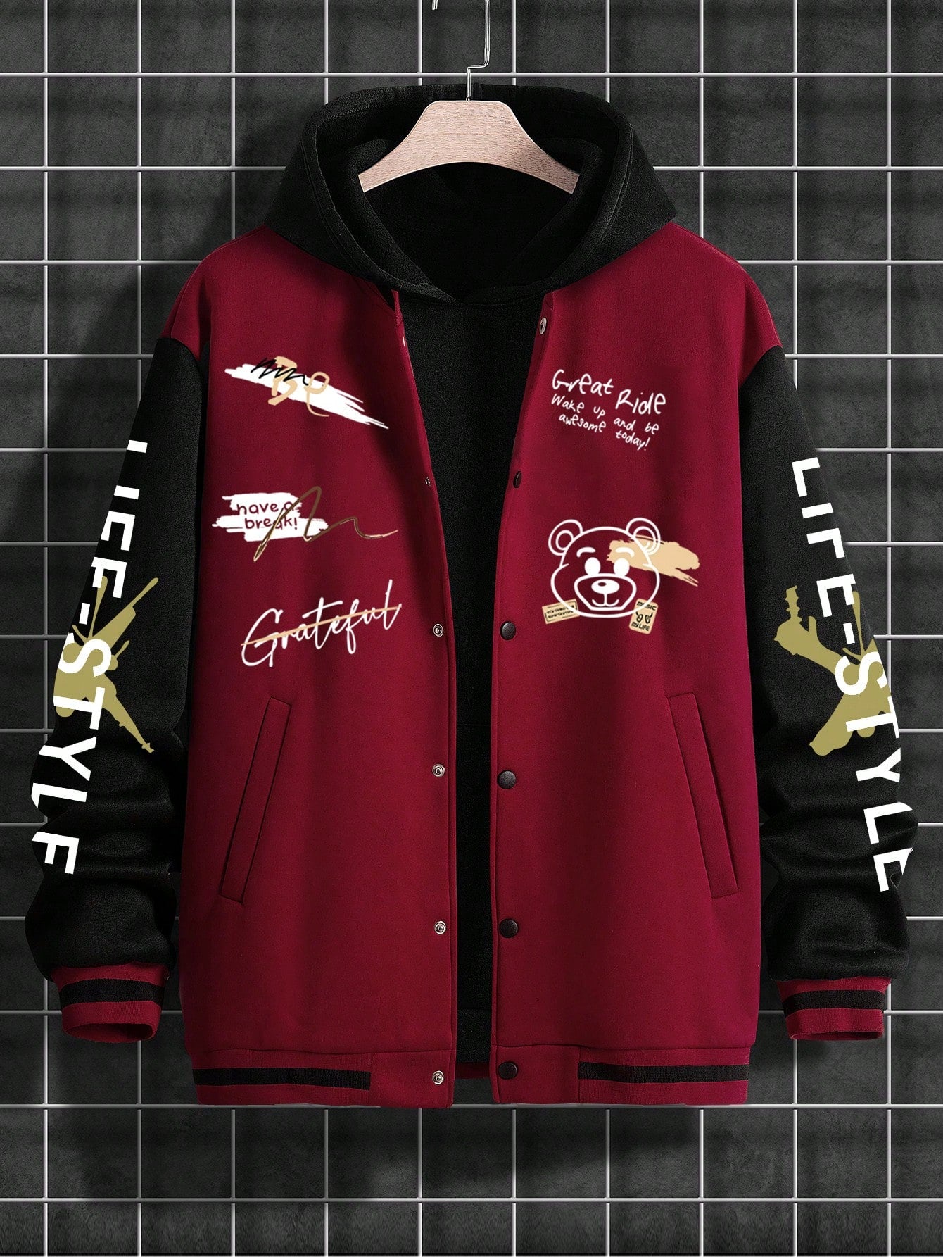 Manfinity EMRG Men's Loose Slogans Cartoon Bear Print Long Sleeve Casual Baseball Jacket, Autumn