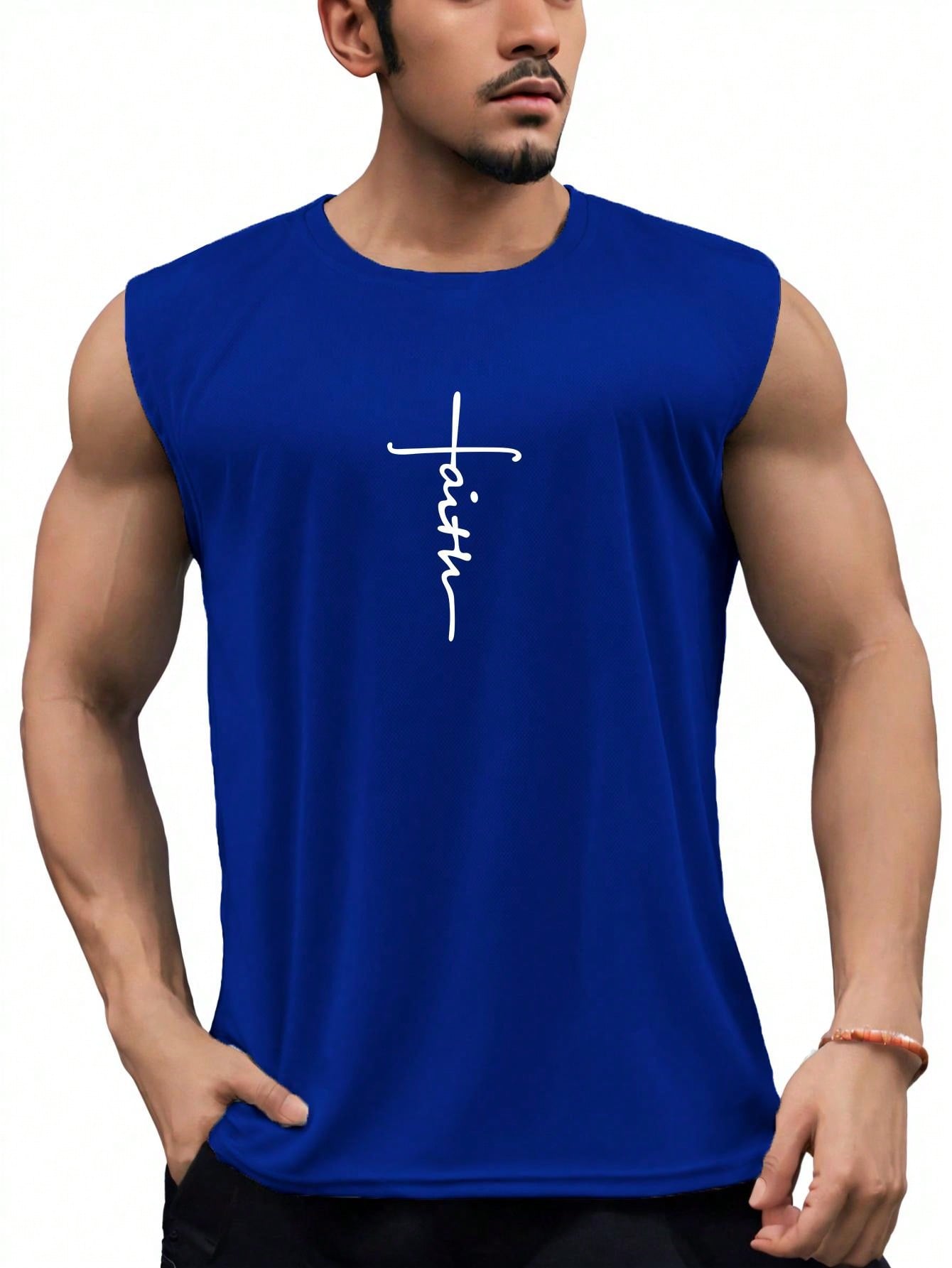 Boyfriend Style Men's Sport Tank Top Sleeveless, Quick-Drying Workout Shirt For Running And Fitness With Basic Faith Print T-Shirt, Outdoor Activities