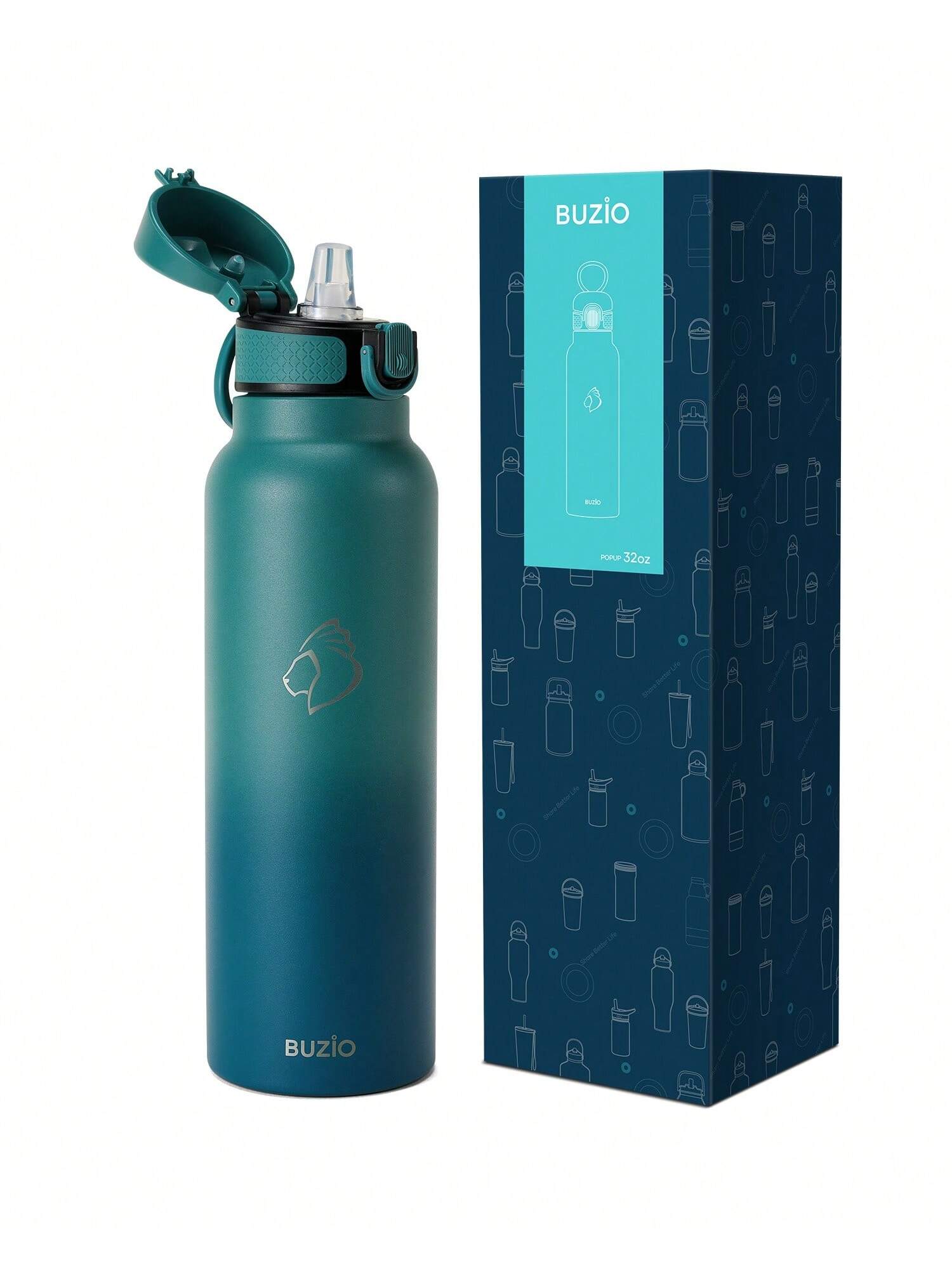 BUZIO BUZIO Stainless Steel Water Bottle With Flip Straw Lid, Vacuum Insulated Thermo Flask For Teens Drinking Double Wall Leakproof Travel Tumbler For School, Easy One-Handed Use