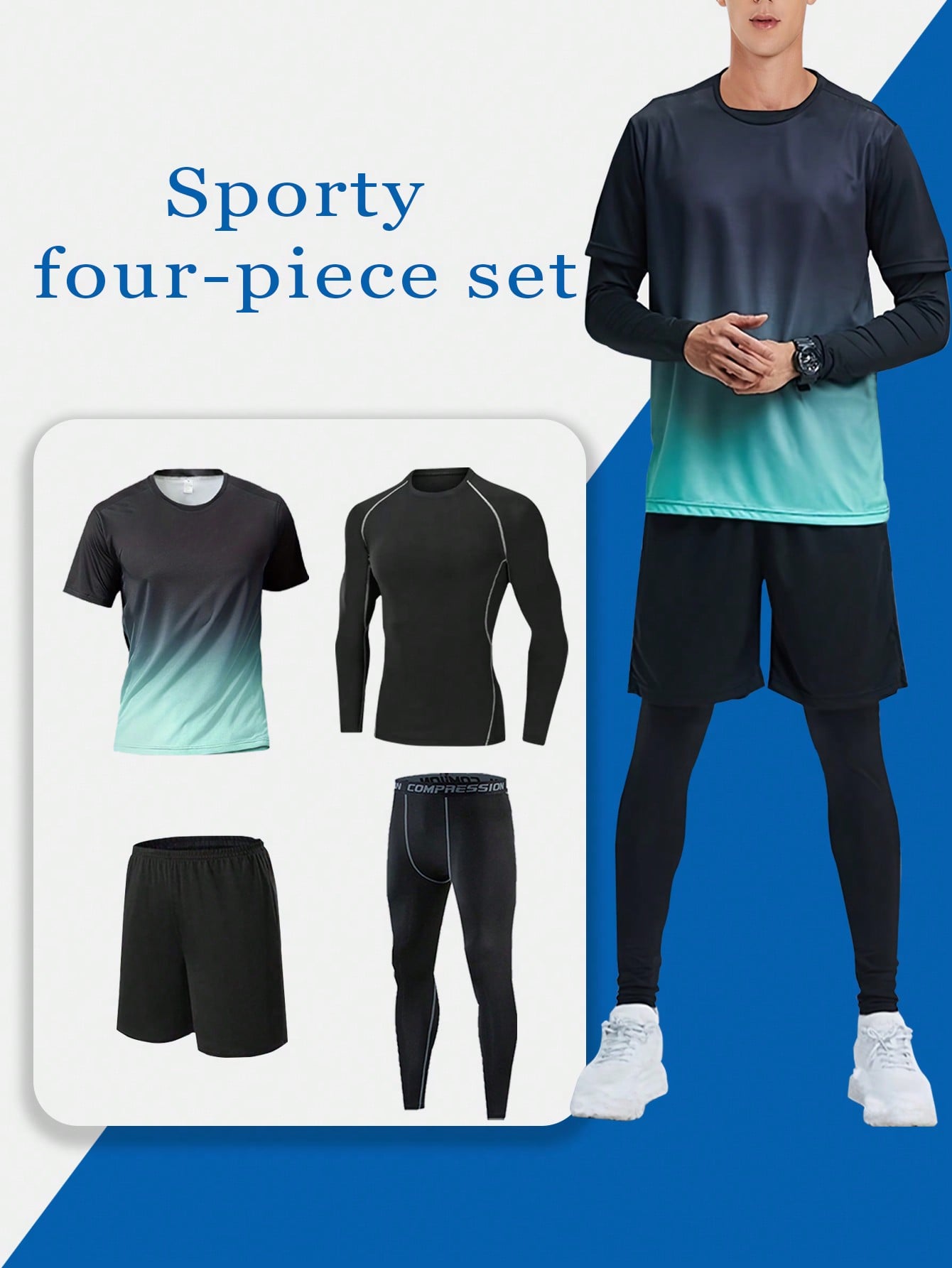 4pcs Boyfriend Style Men's Gradient Color Sports Suit For Outdoor Activities: Running, Cycling, Basketball, Fitness, Etc. Includes Compressed, Quick-Drying, Breathable, Soft, Sunproof T-Shirt With Pocket, And Letter Combination Casual Shorts.